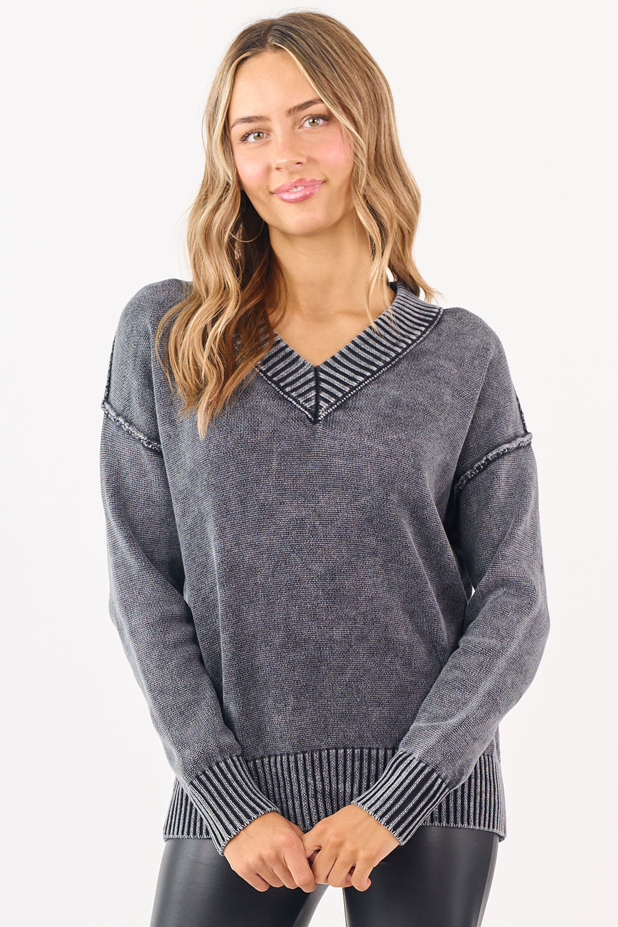 Black Mineral Washed Cotton Knit V-Neck Sweater