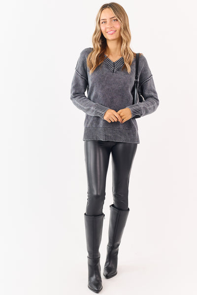 Black Mineral Washed Cotton Knit V-Neck Sweater
