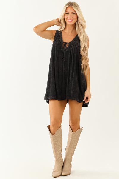 Black Mineral Washed Pintuck Wide Leg Romper