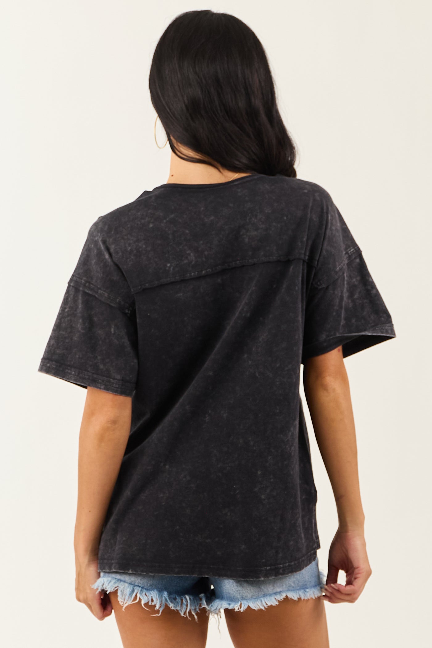 Black Mineral Washed V Neck Cotton Short Sleeve Top