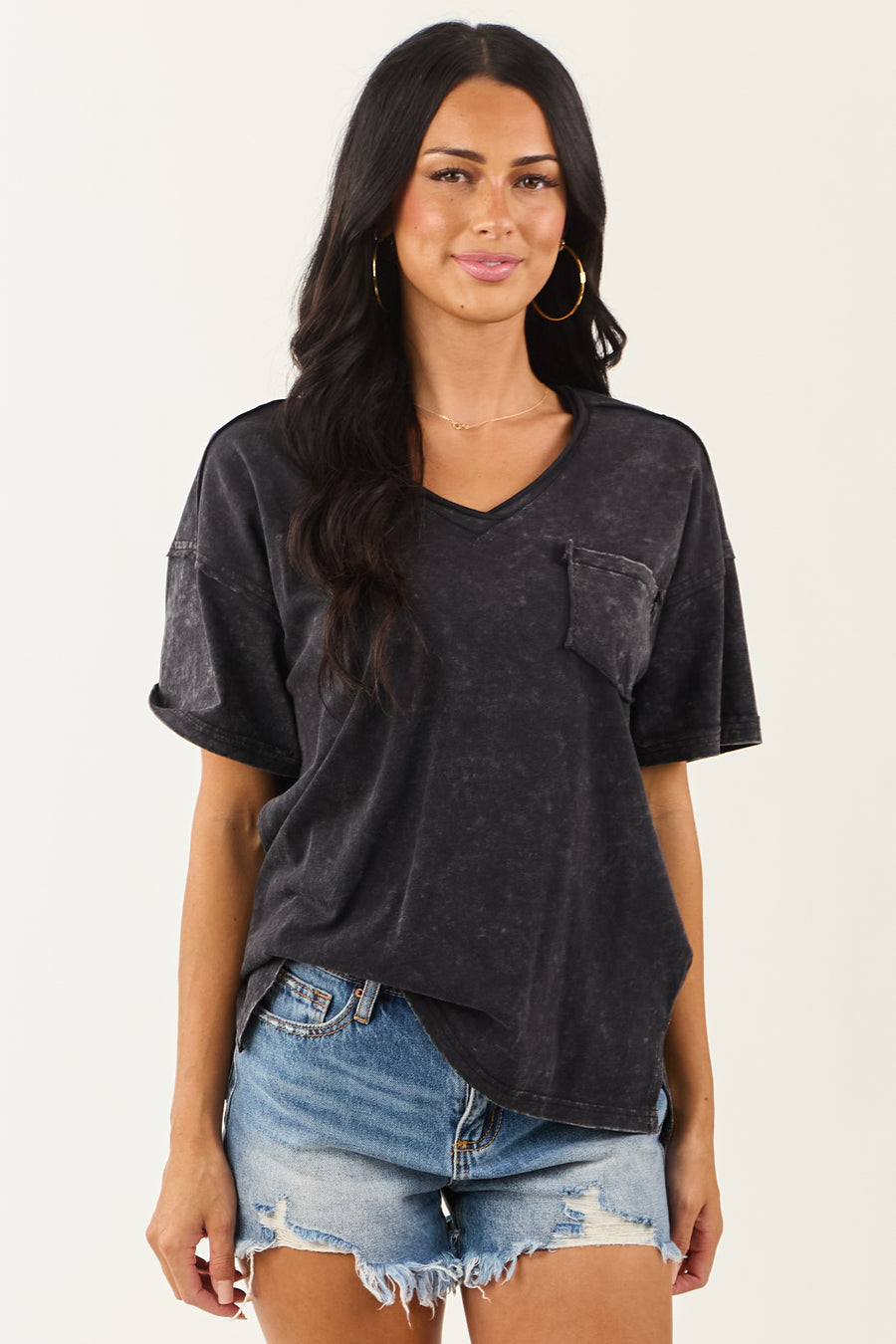Black Mineral Washed V Neck Cotton Short Sleeve Top