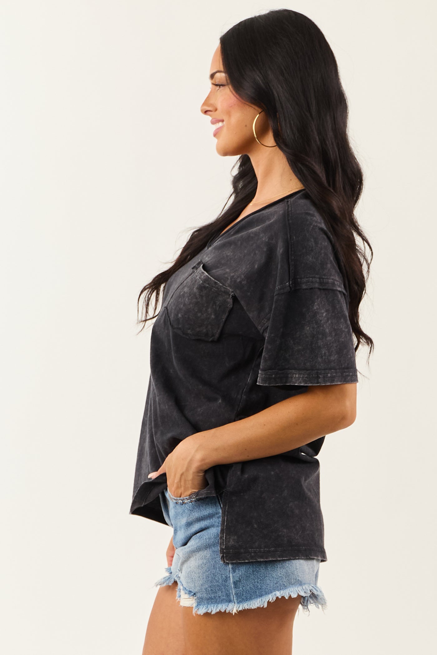 Black Mineral Washed V Neck Cotton Short Sleeve Top