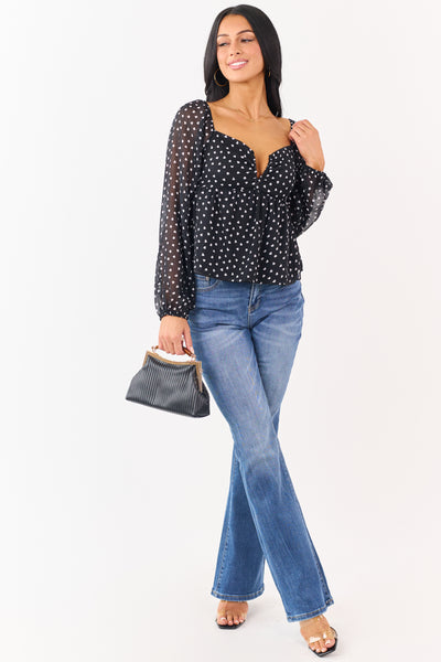 Black Mini Heart Babydoll Bubble Sleeve Blouse