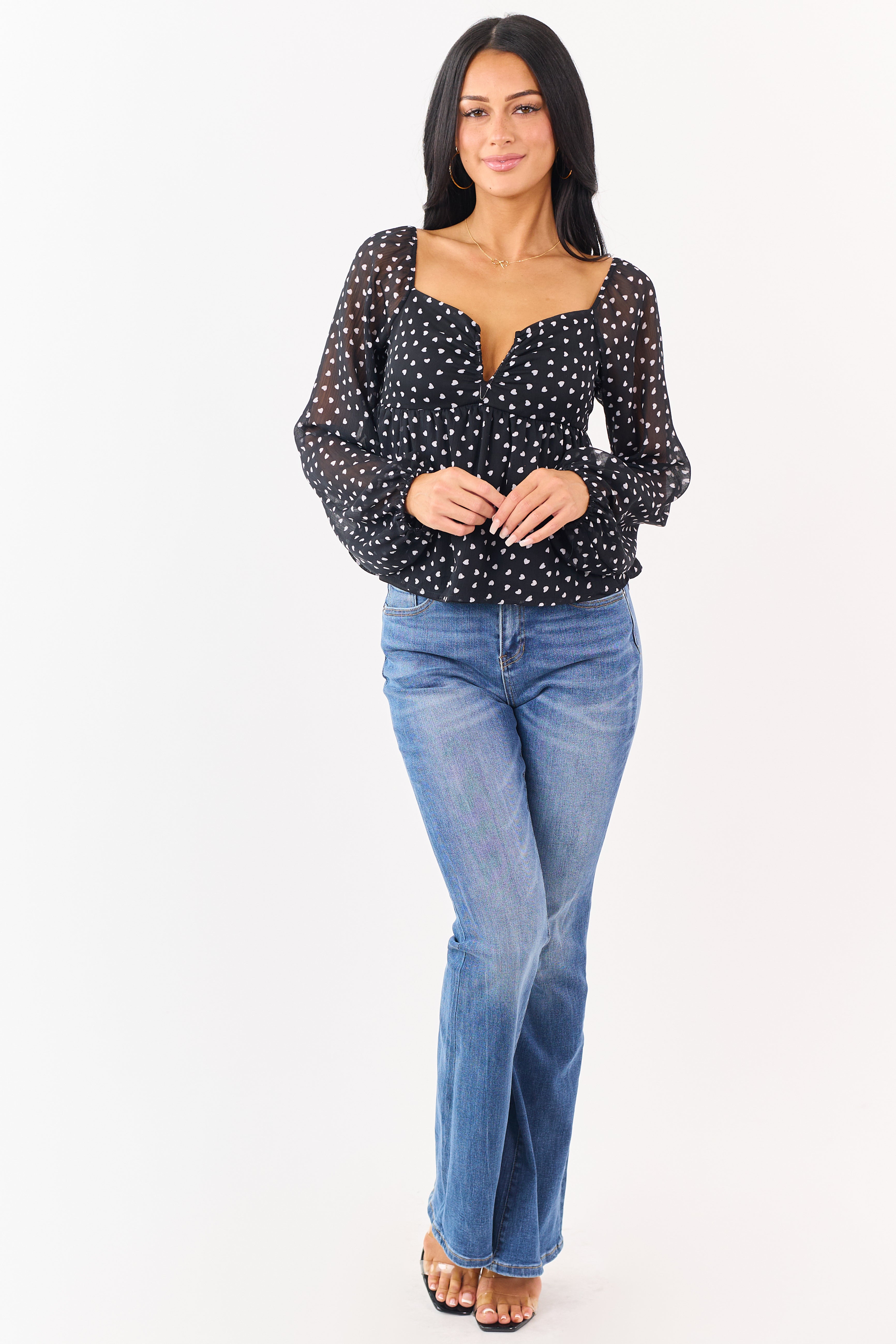 Black Mini Heart Babydoll Bubble Sleeve Blouse
