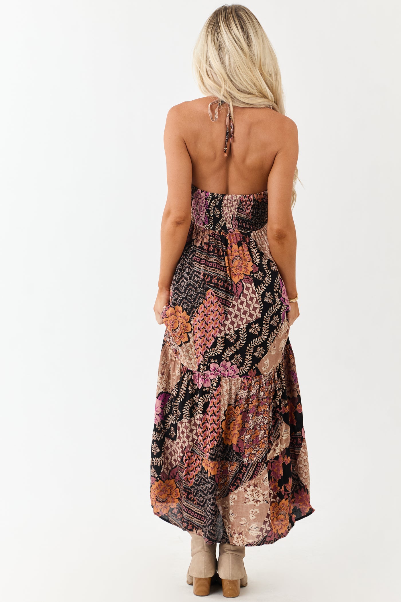 Black Mixed Floral Print Halter Neck Maxi Dress