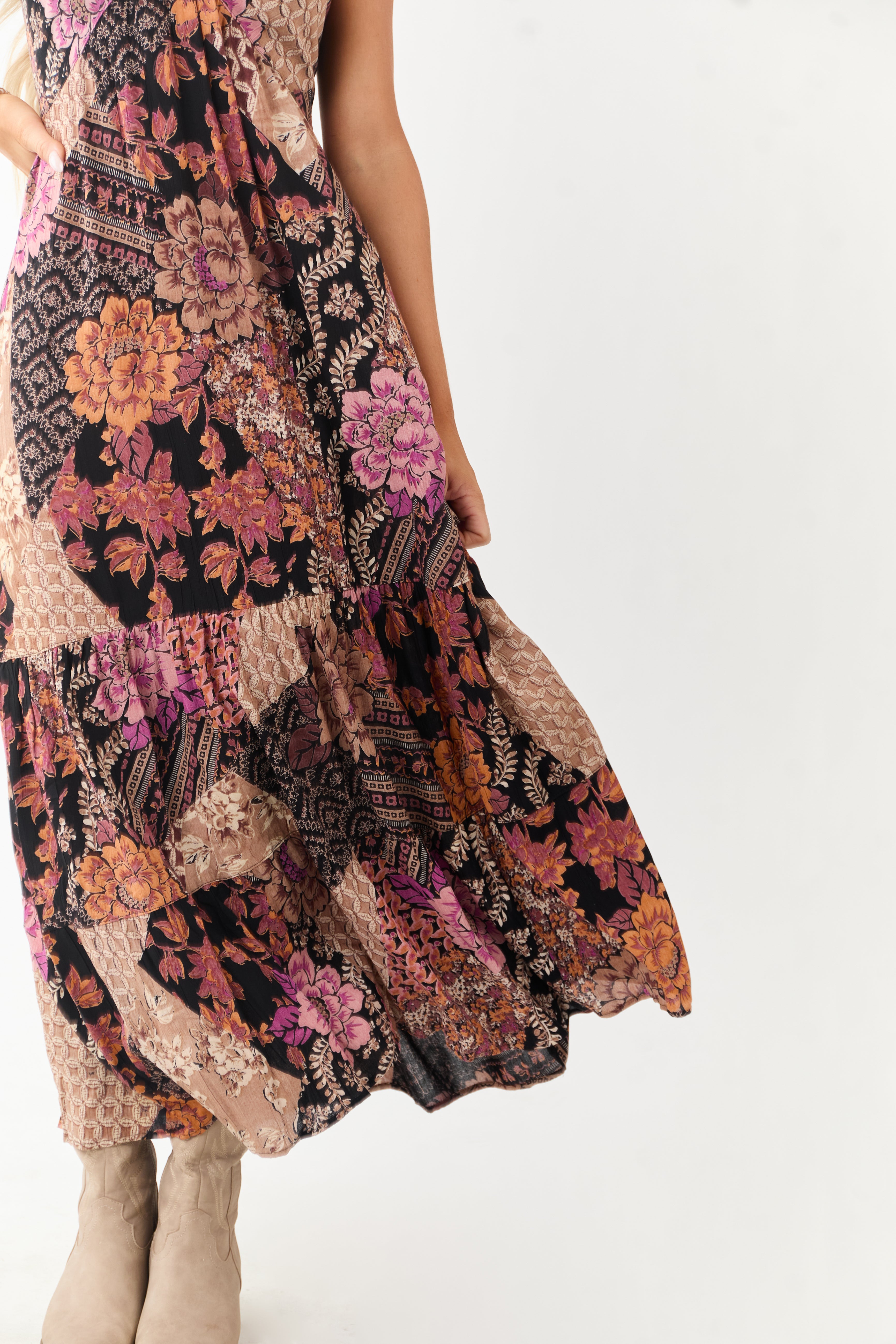 Black Mixed Floral Print Halter Neck Maxi Dress