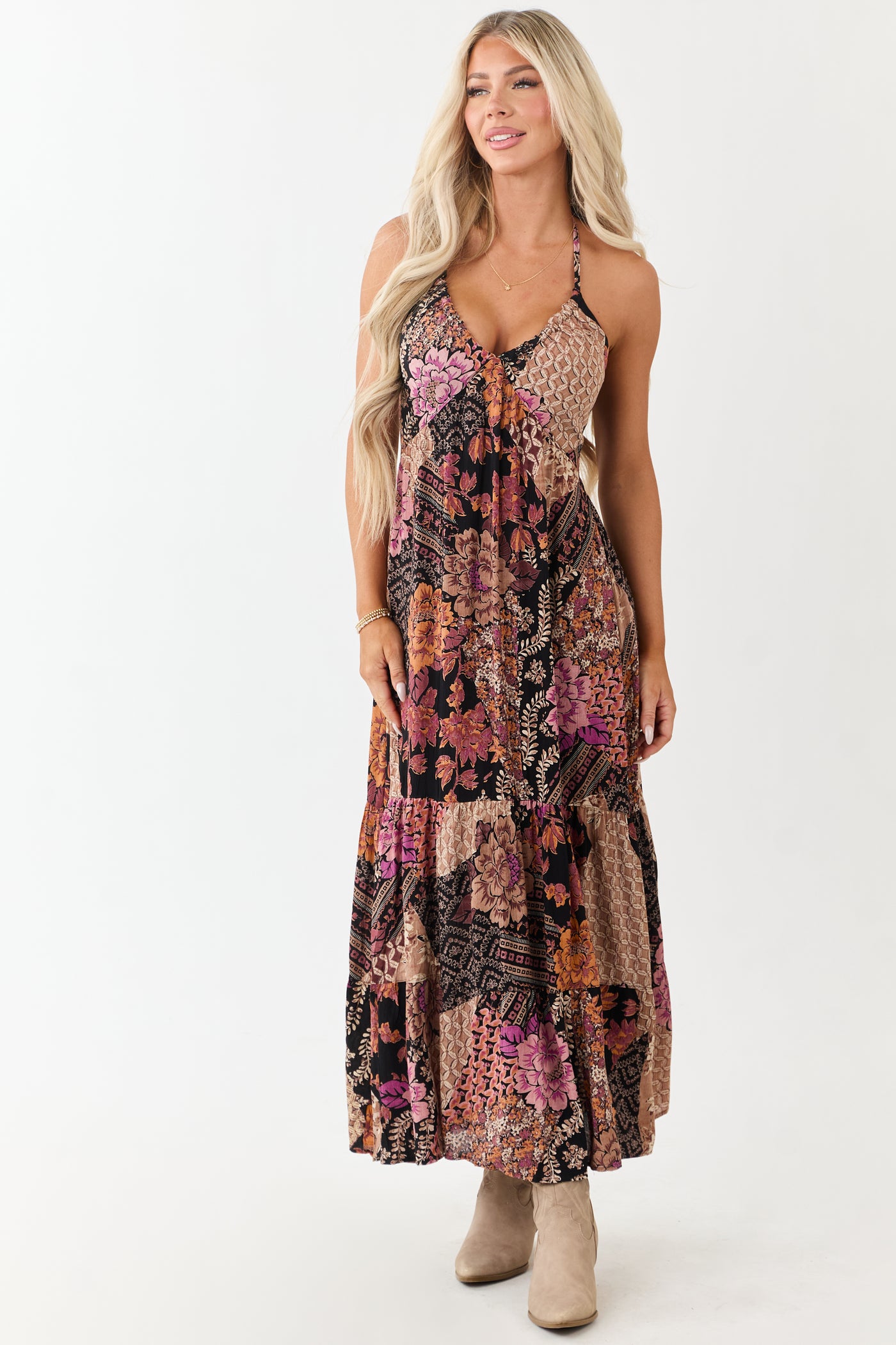 Black Mixed Floral Print Halter Neck Maxi Dress
