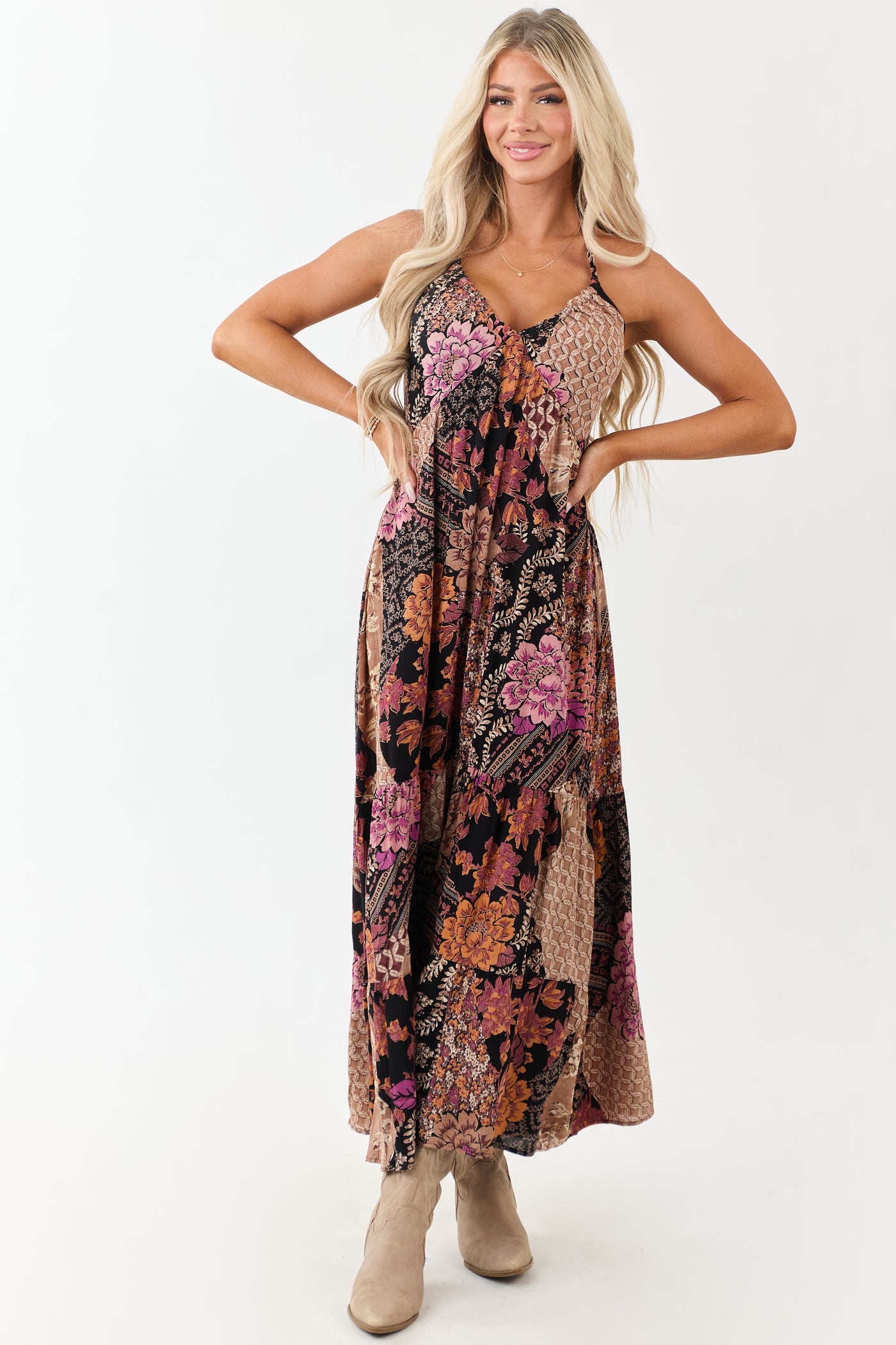 Black Mixed Floral Print Halter Neck Maxi Dress