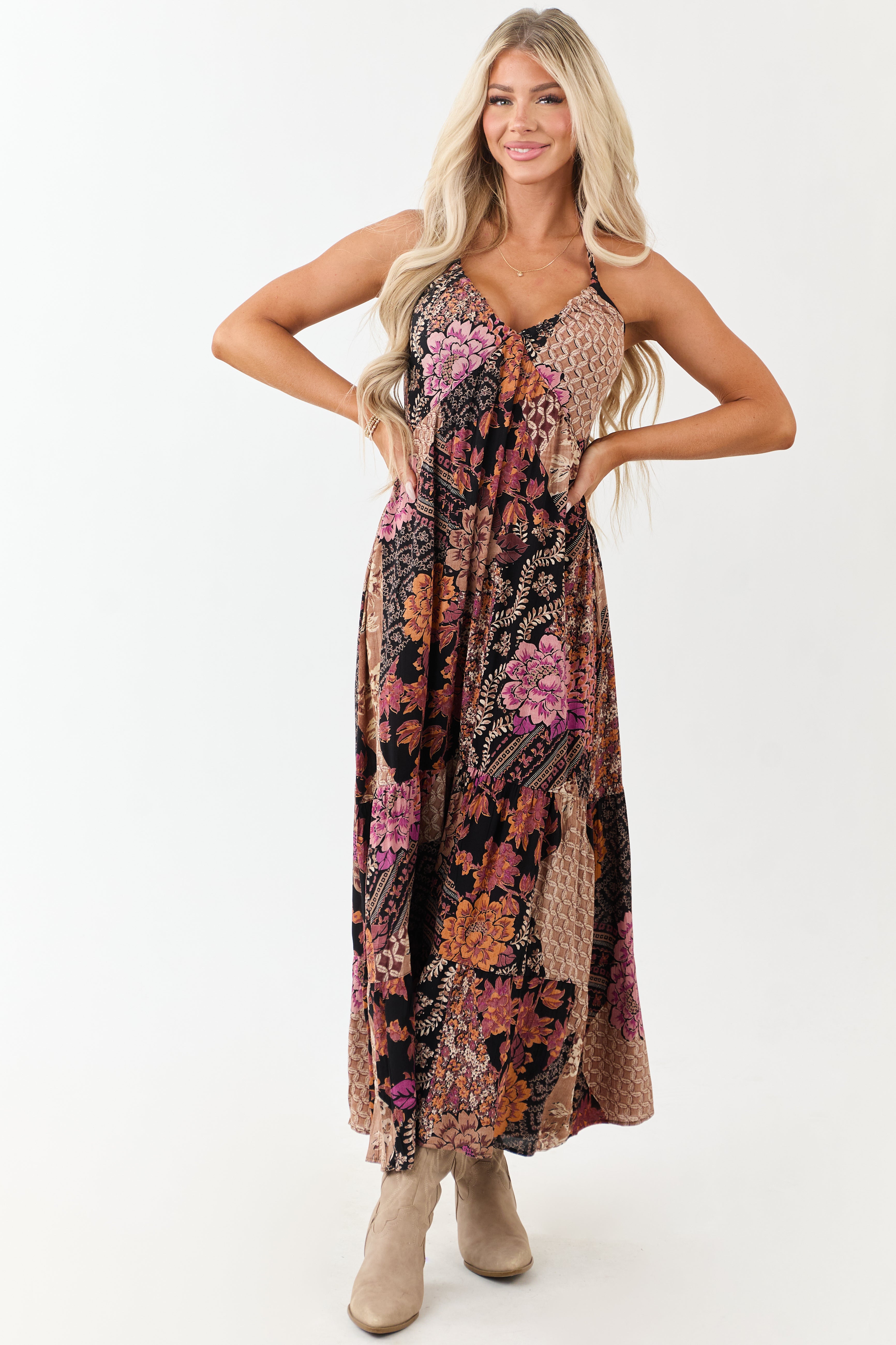 Black Mixed Floral Print Halter Neck Maxi Dress