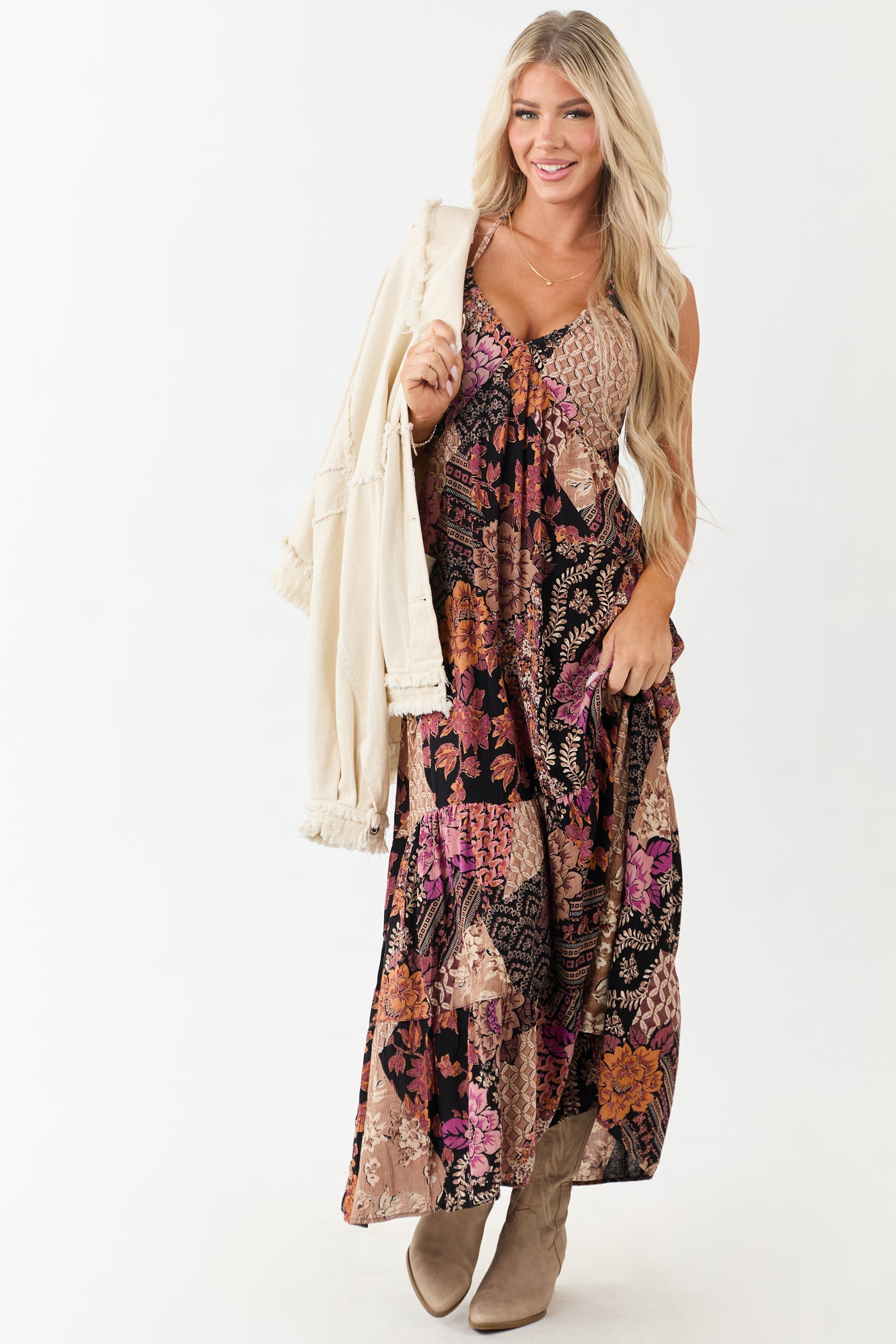 Black Mixed Floral Print Halter Neck Maxi Dress