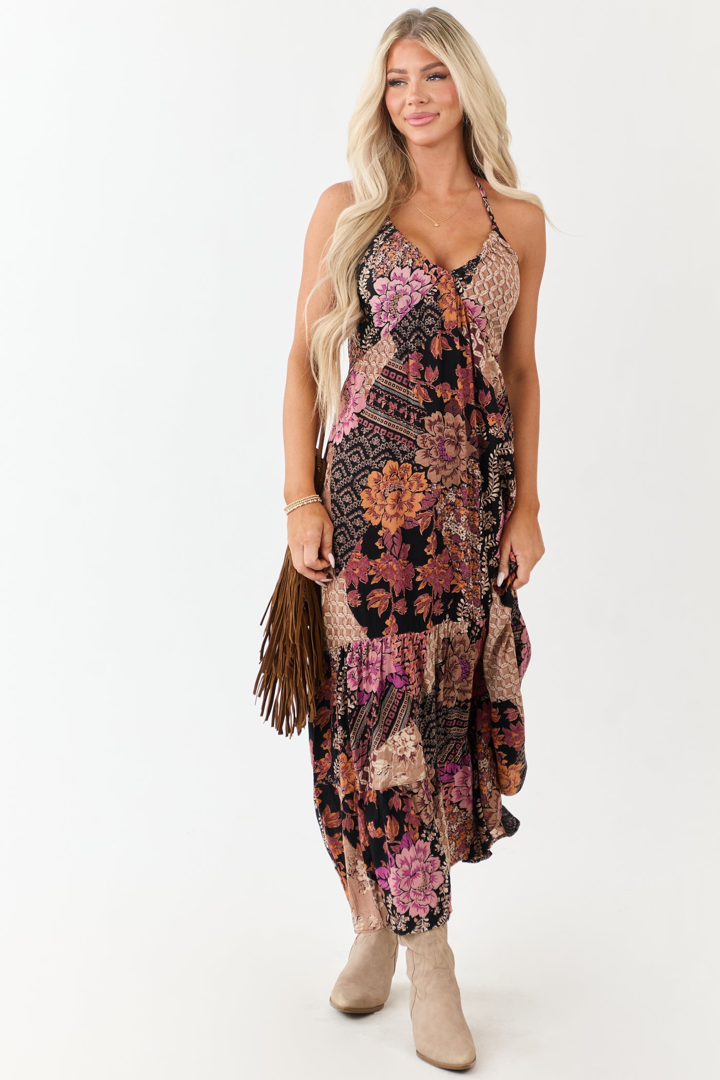 Black Mixed Floral Print Halter Neck Maxi Dress