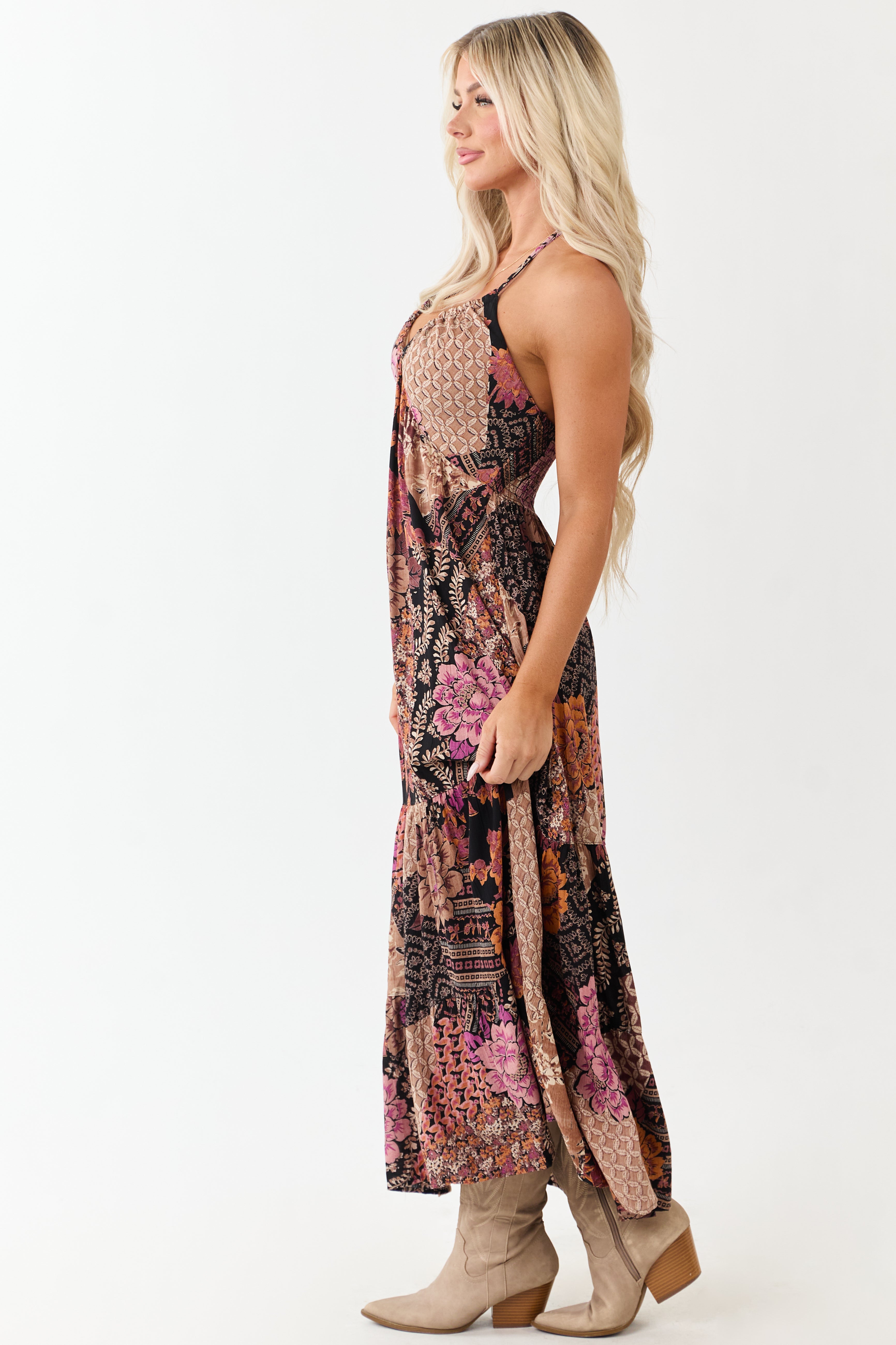 Black Mixed Floral Print Halter Neck Maxi Dress