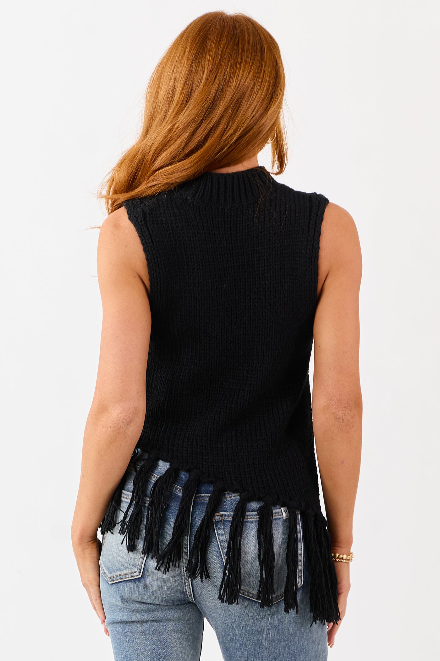 Black Mock Neck Asymmetrical Tassel Hem Tank Top