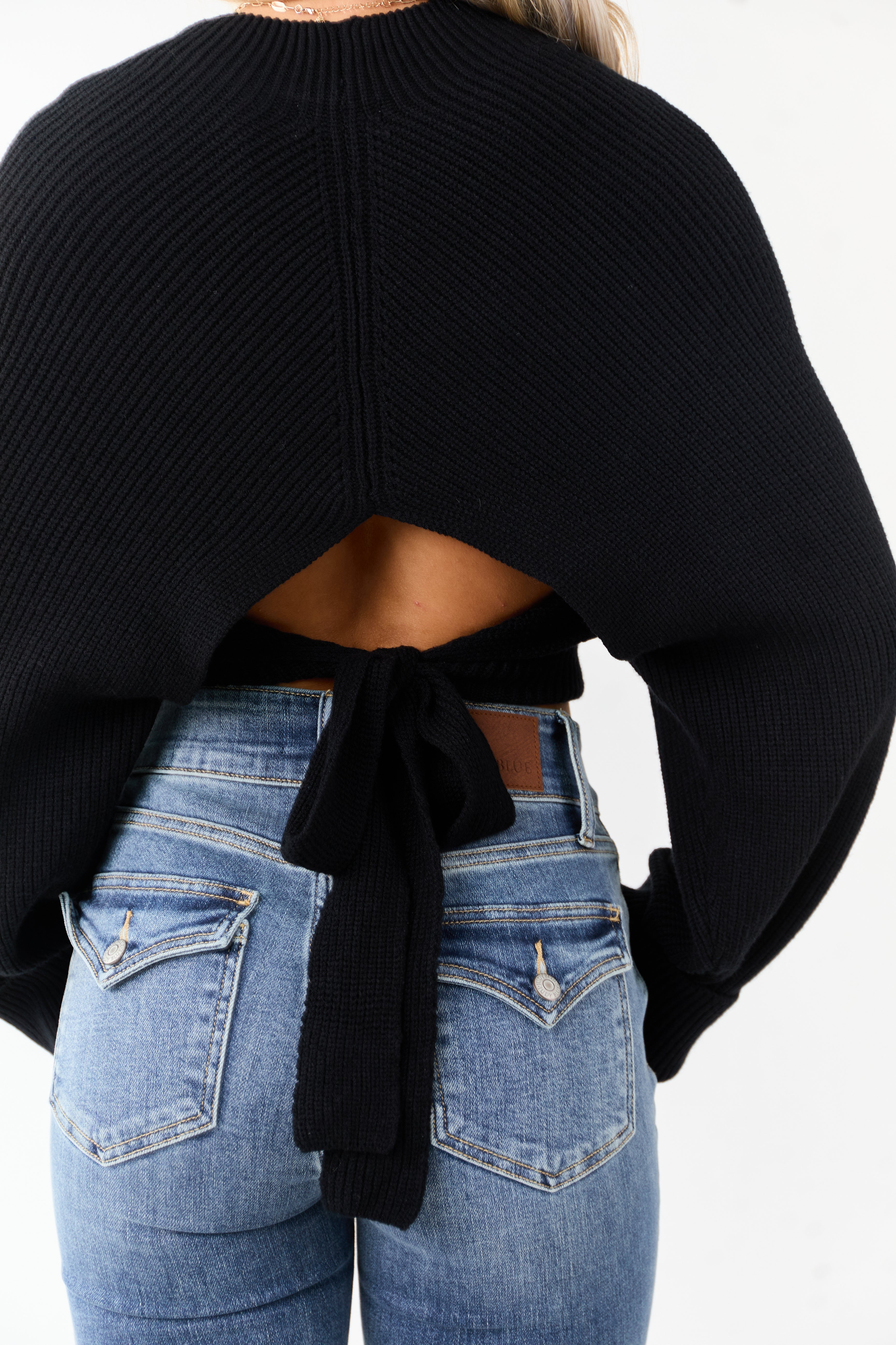 Black Mock Neck Back Cut Out Ribbed Sweater