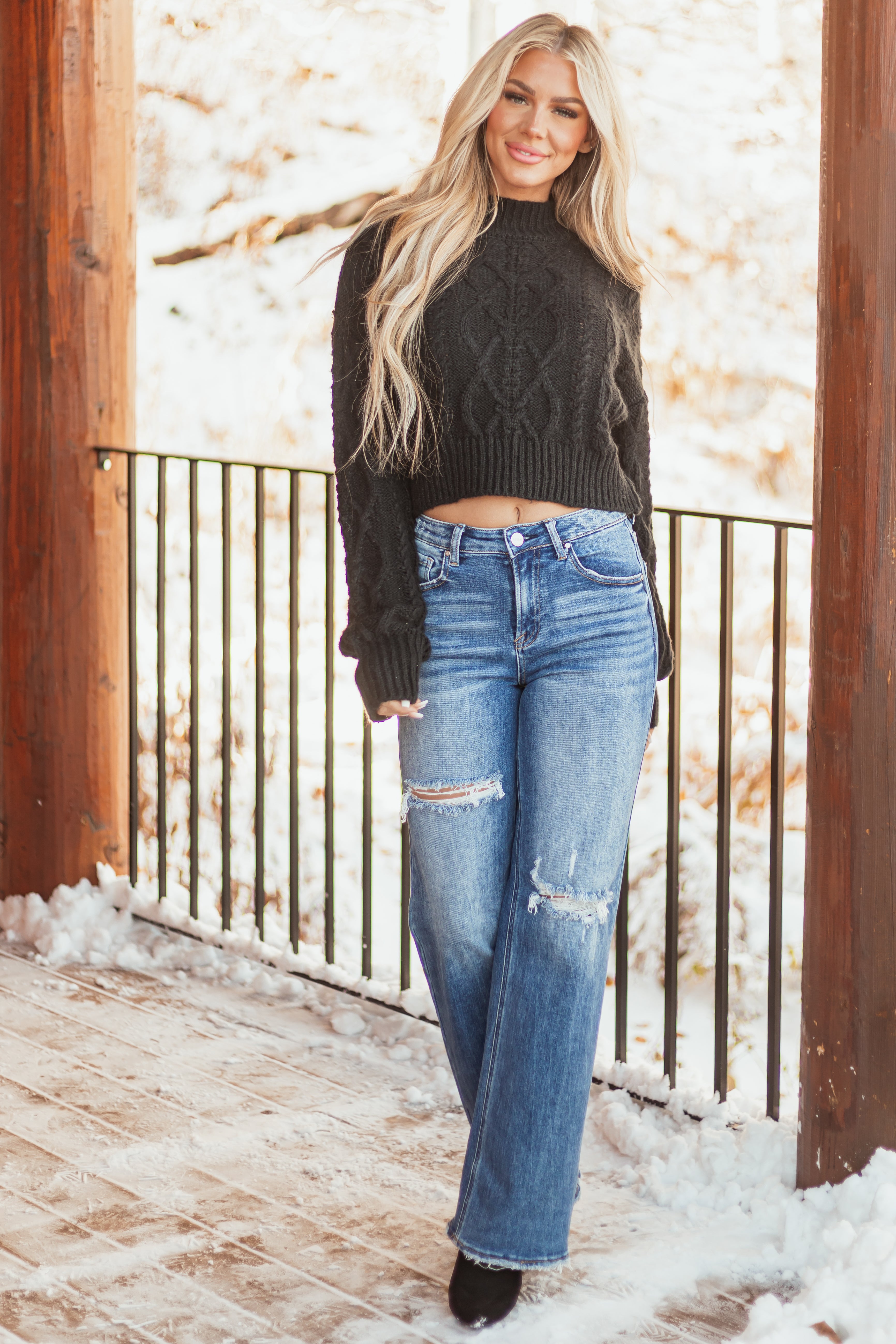 Black Mock Neck Cable Knit Sweater | Lime Lush Boutique