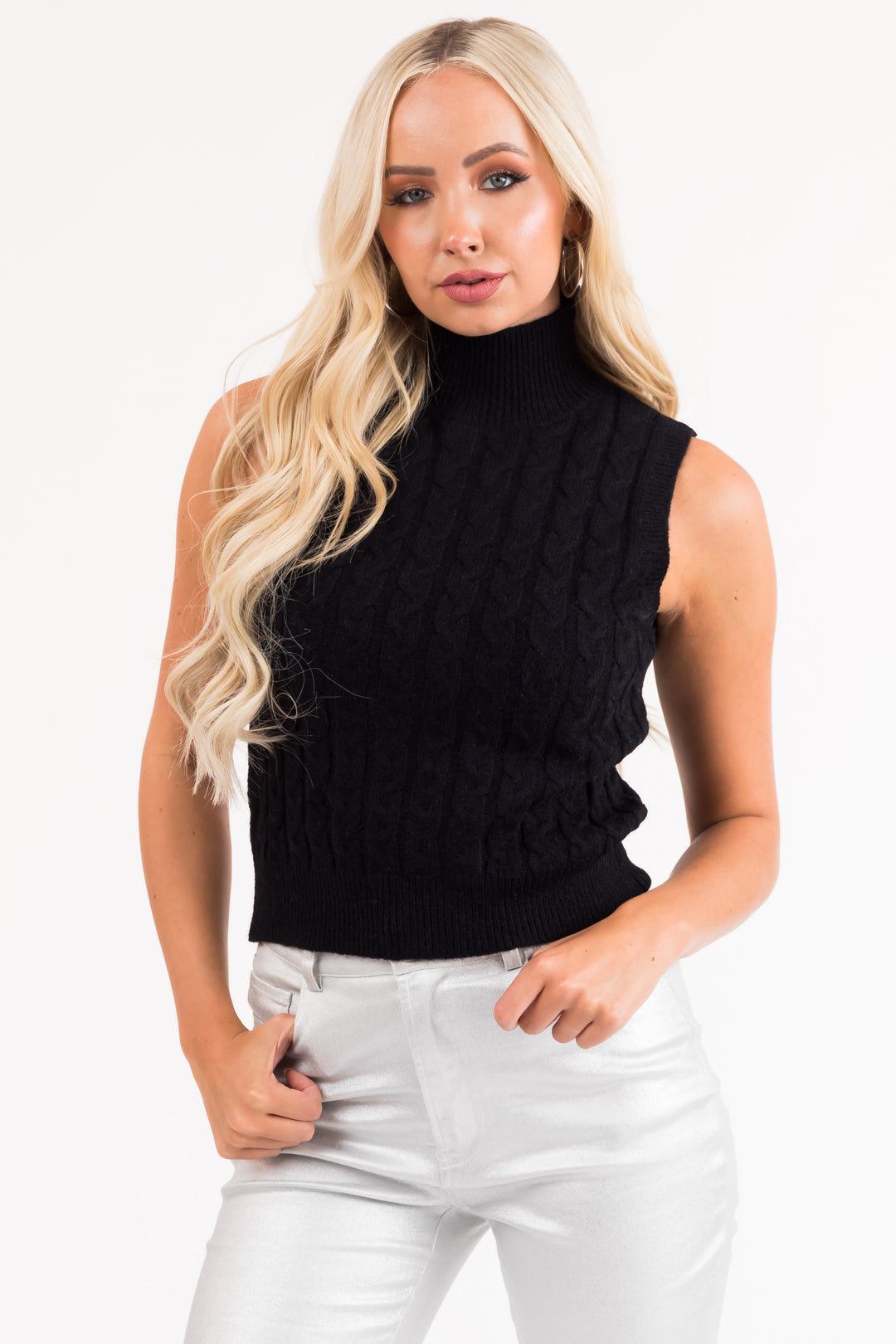 Black Mock Neck Cable Knit Tank Top & Lime Lush