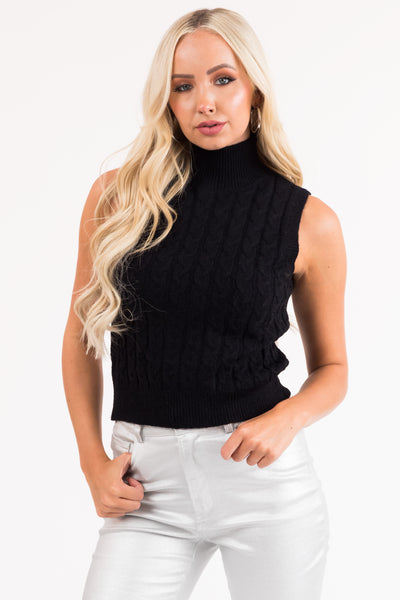 Black Mock Neck Cable Knit Tank Top