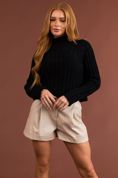 Black Mock Neck Cropped Chenille Sweater