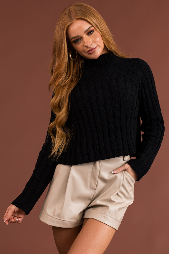 Black Mock Neck Cropped Chenille Sweater