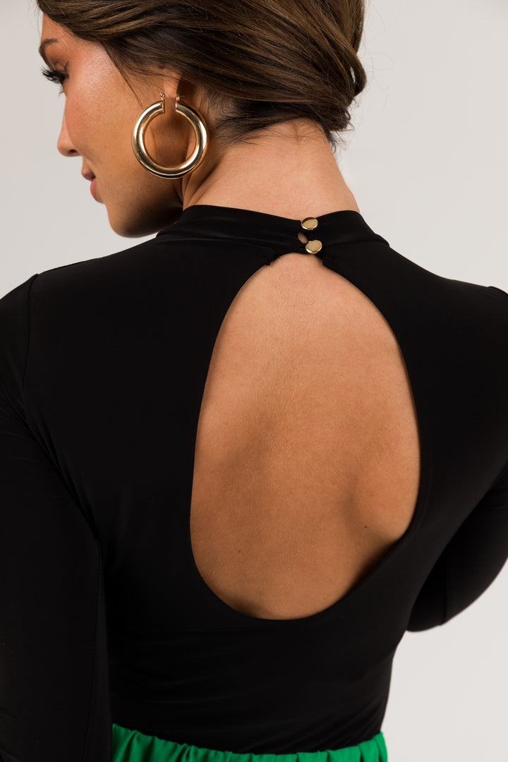 Black Mock Neck Oval Open Back Seamless Bodysuit