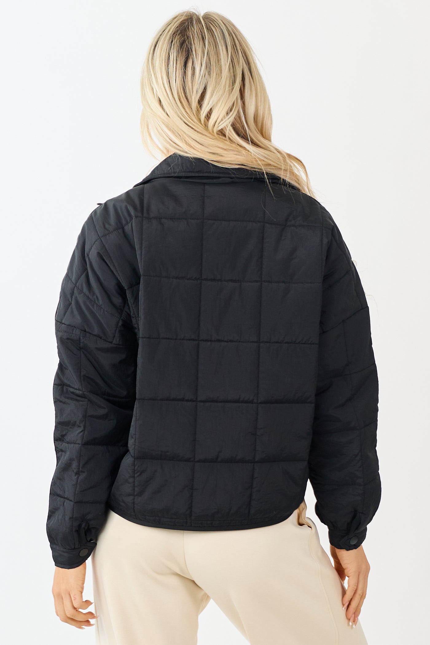 Black Mock Neck Quilted Square Zip Up Puffer Jacket