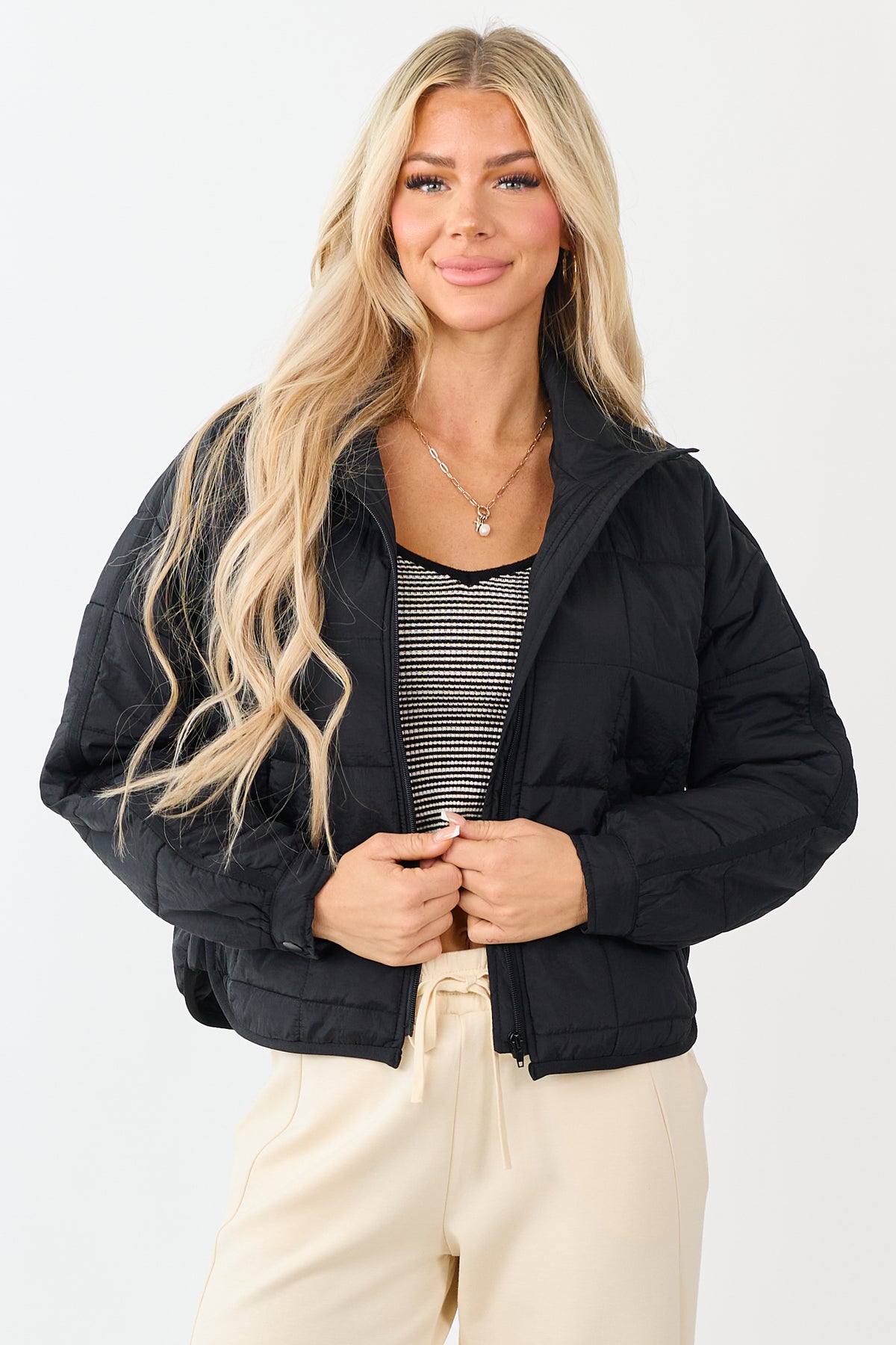 Black Mock Neck Quilted Square Zip Up Puffer Jacket | Lime Lush 