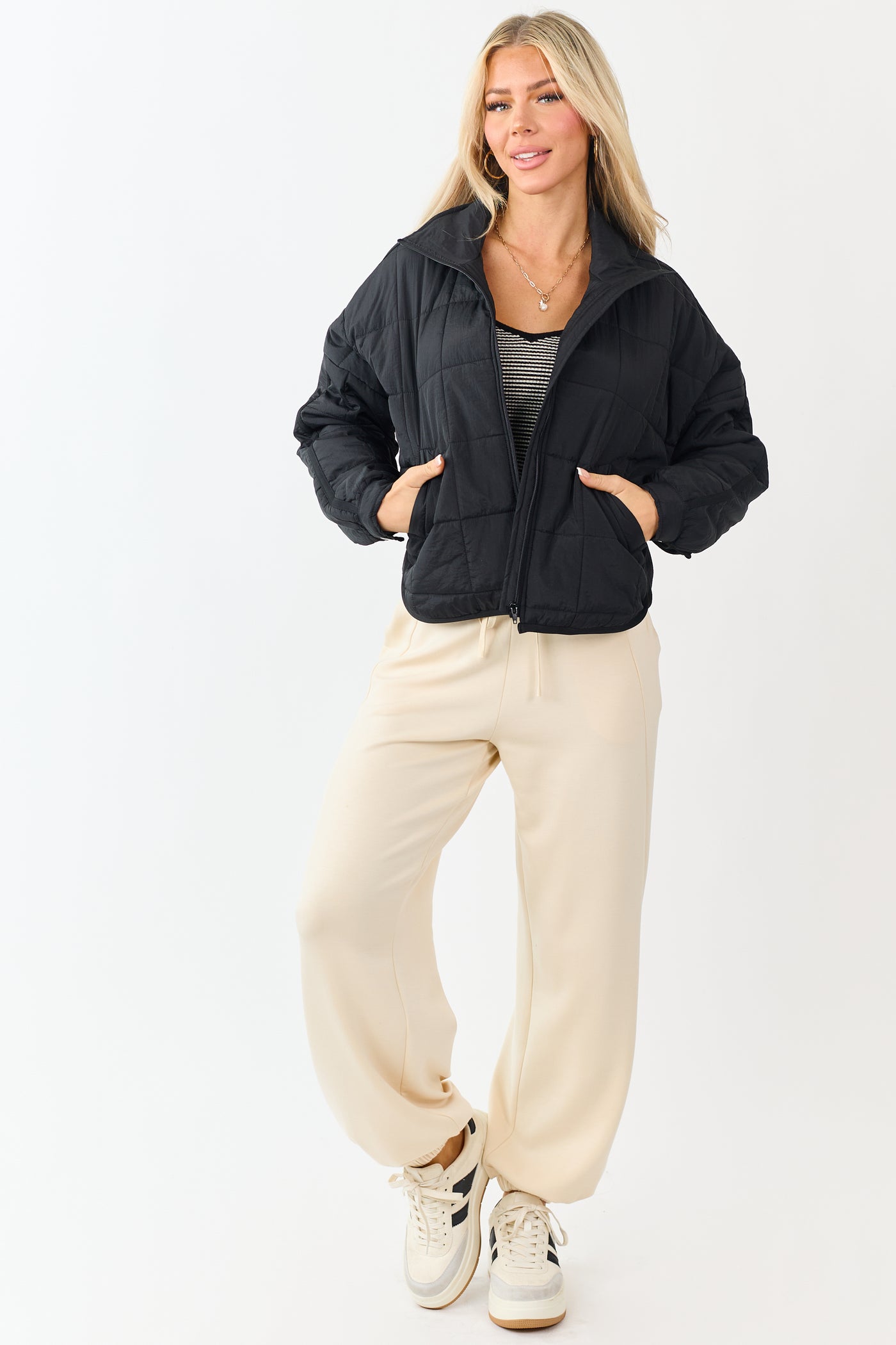 Black Mock Neck Quilted Square Zip Up Puffer Jacket