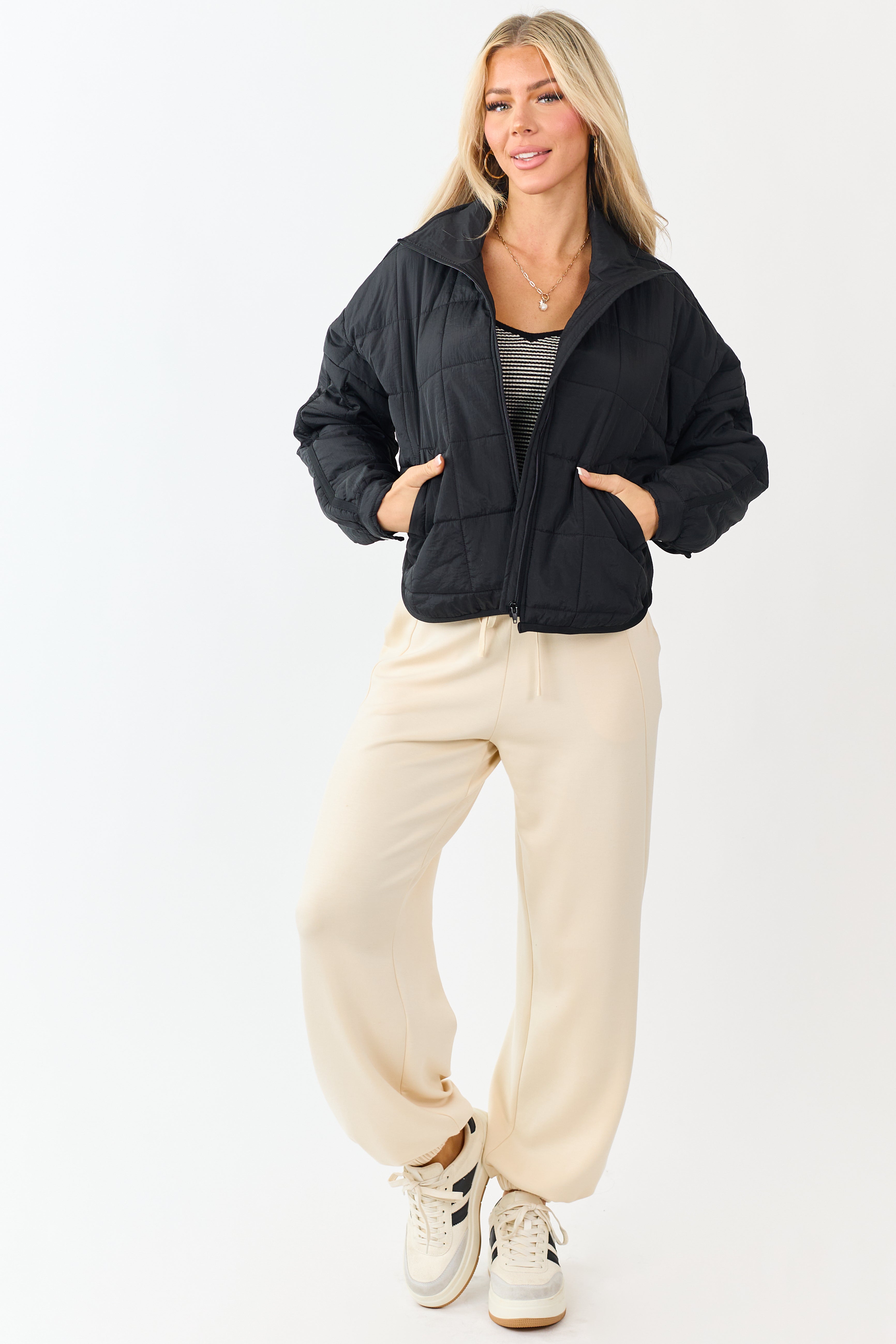 Black Mock Neck Quilted Square Zip Up Puffer Jacket