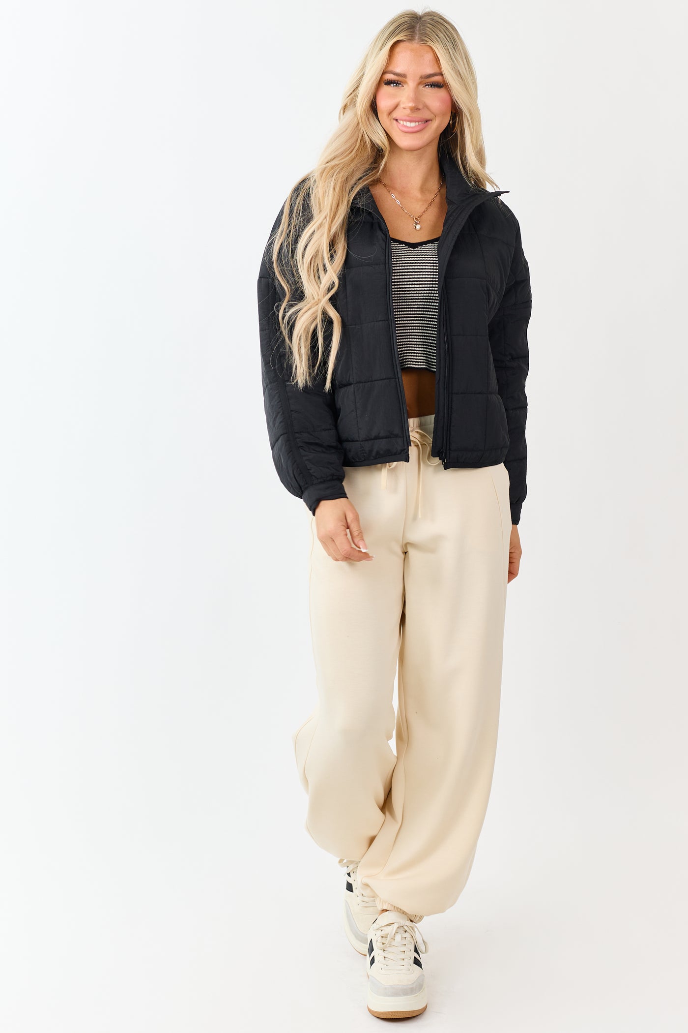 Black Mock Neck Quilted Square Zip Up Puffer Jacket