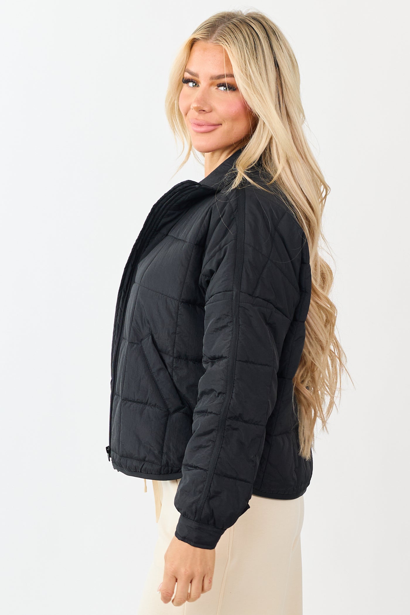 Black Mock Neck Quilted Square Zip Up Puffer Jacket