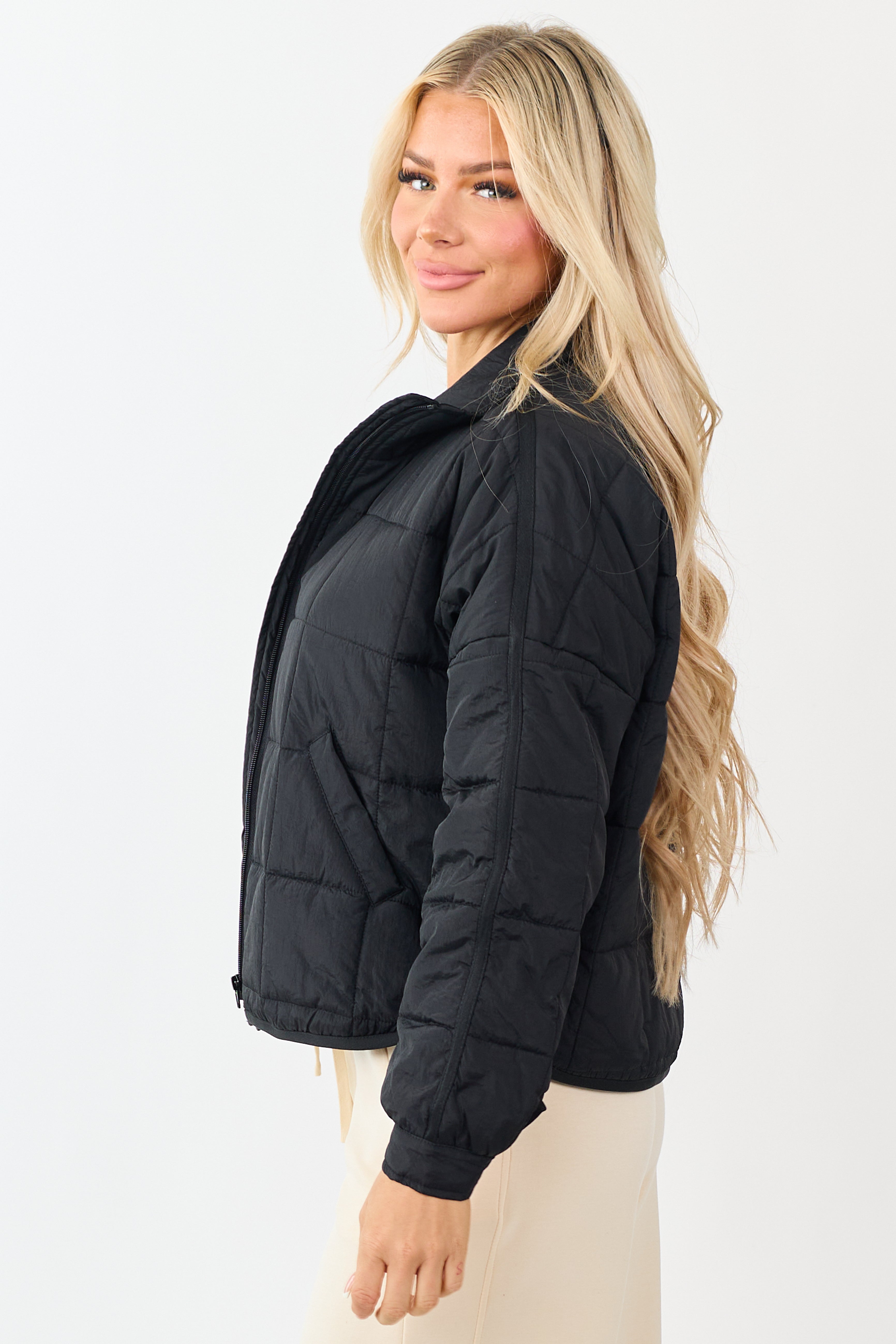 Black Mock Neck Quilted Square Zip Up Puffer Jacket