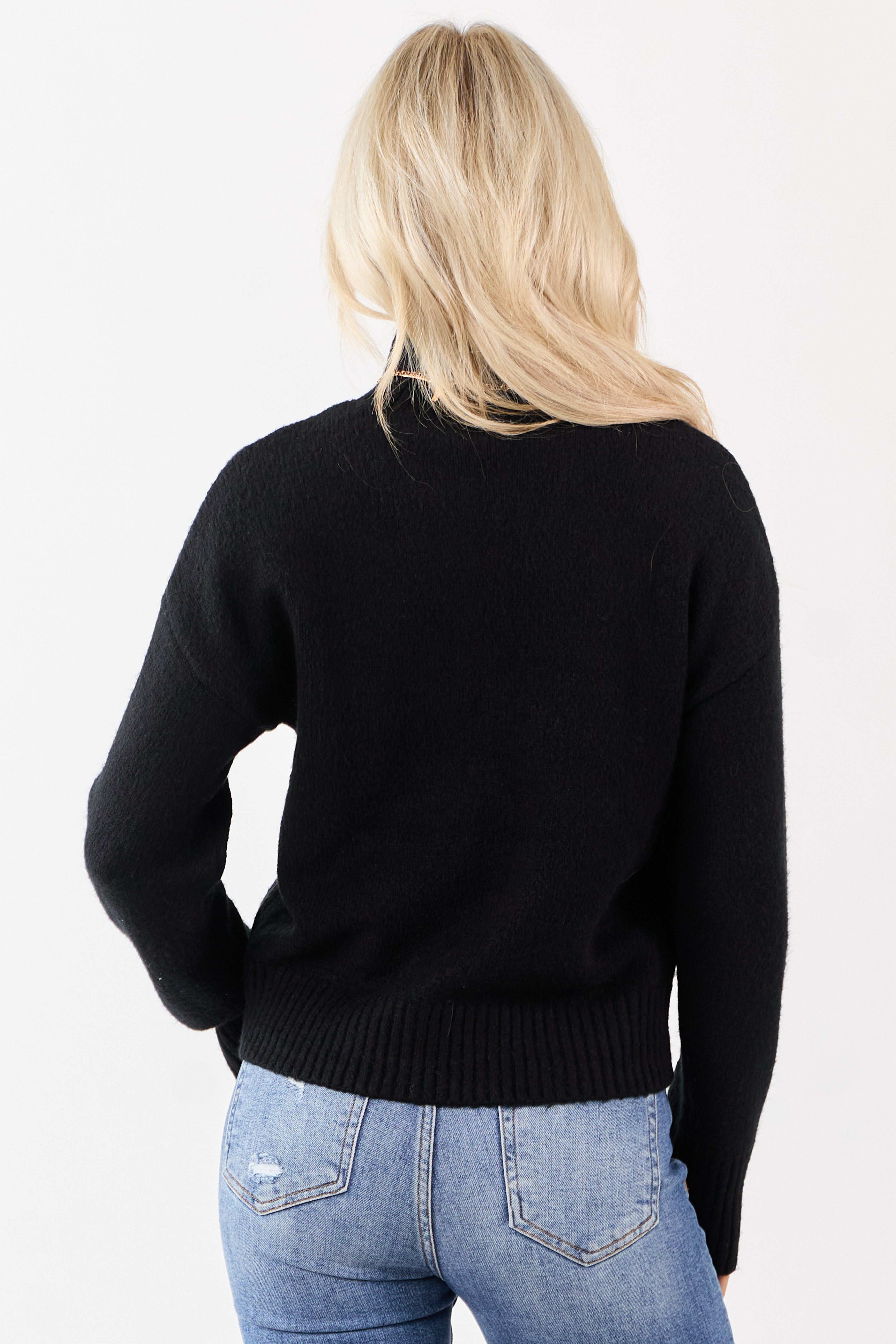 Black Mock Neck Relaxed Ribbed Trim Sweater
