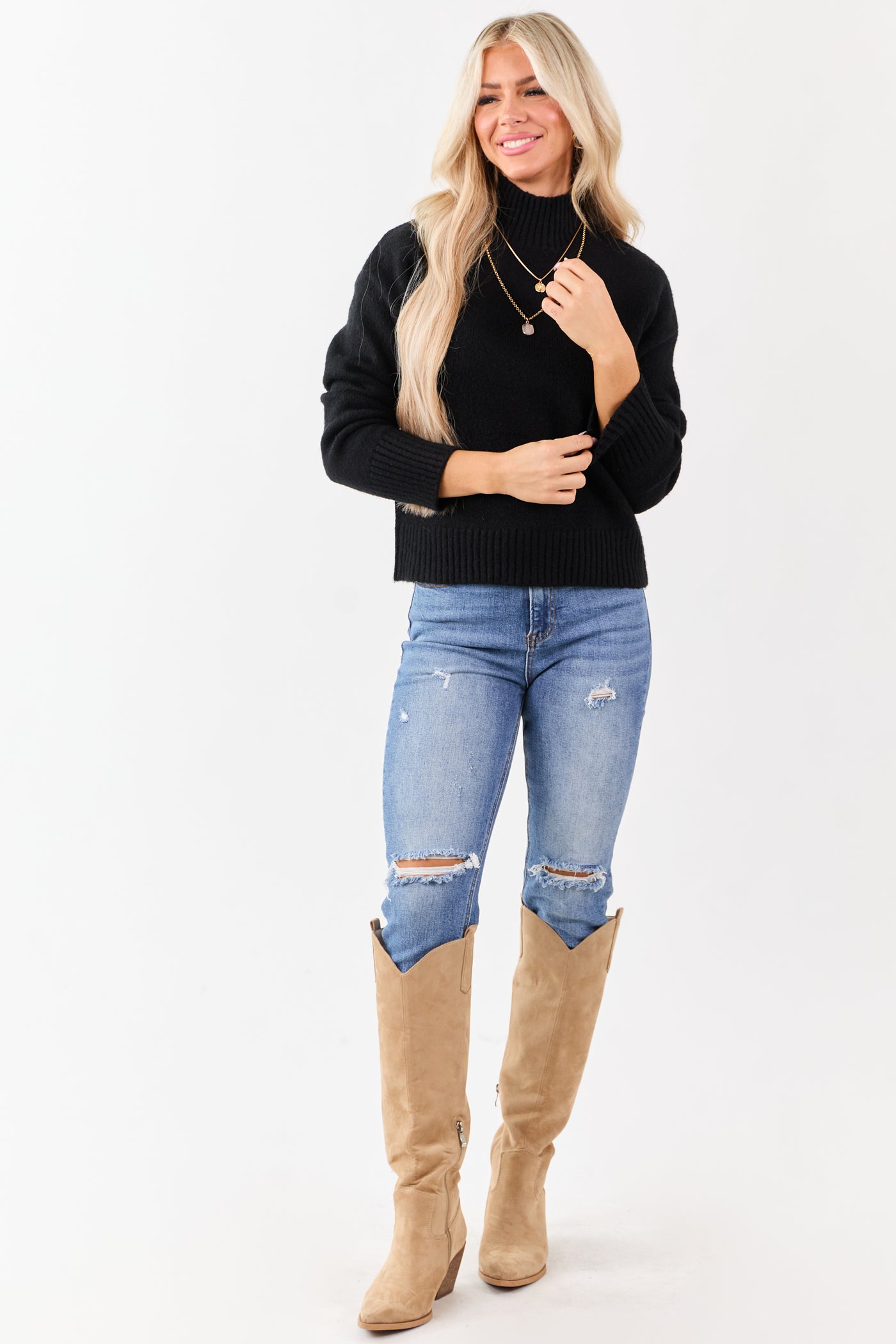Black Mock Neck Relaxed Ribbed Trim Sweater