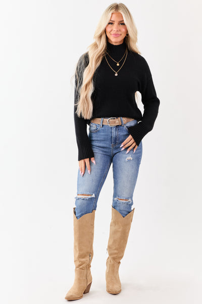 Black Mock Neck Relaxed Ribbed Trim Sweater