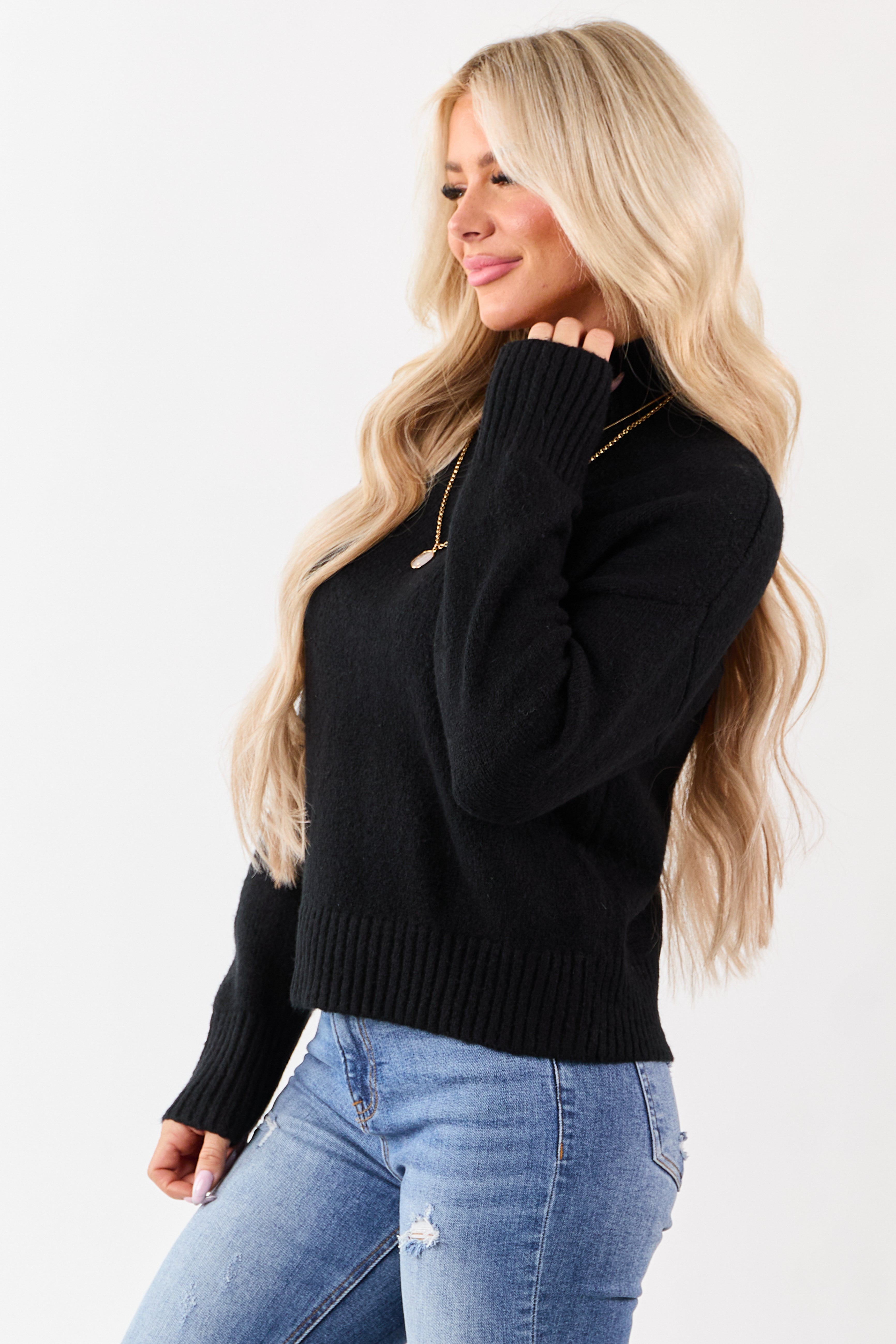 Black Mock Neck Relaxed Ribbed Trim Sweater