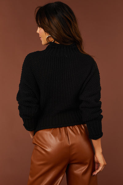 Black Mock Neck Rolled Hem Chunky Sweater