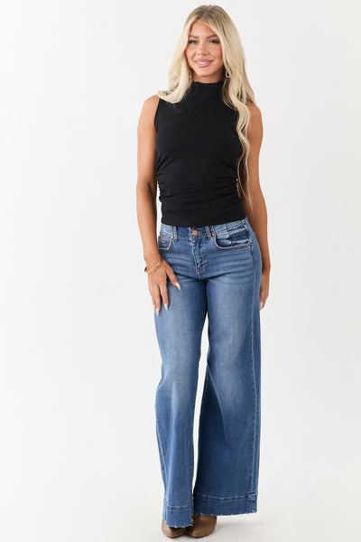 Black Mock Neck Ruched Knit Tank Top