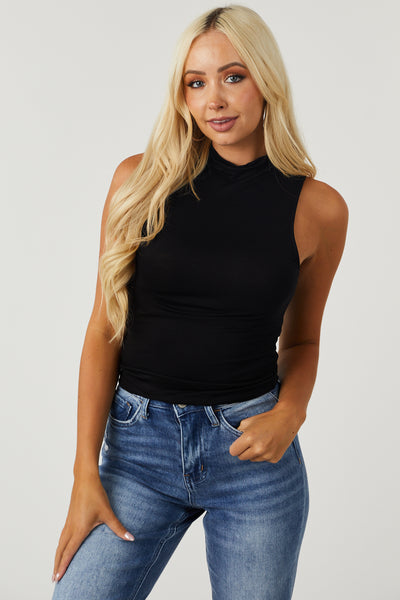 Black Mock Neck Solid Jersey Knit Tank Top