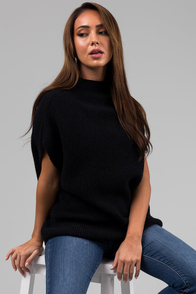 Black Mock Neck Stretchy Knit Sweater Vest