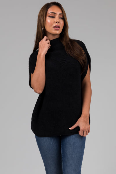 Black Mock Neck Stretchy Knit Sweater Vest