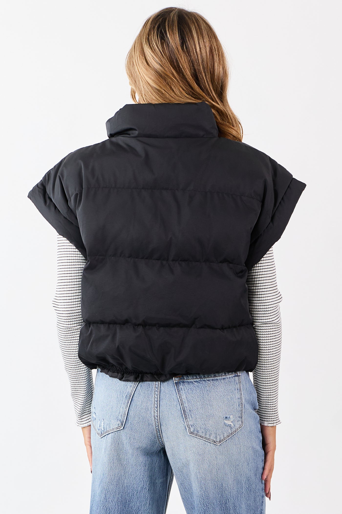 Black Mock Neck Zip Up Quilted Puffer Vest
