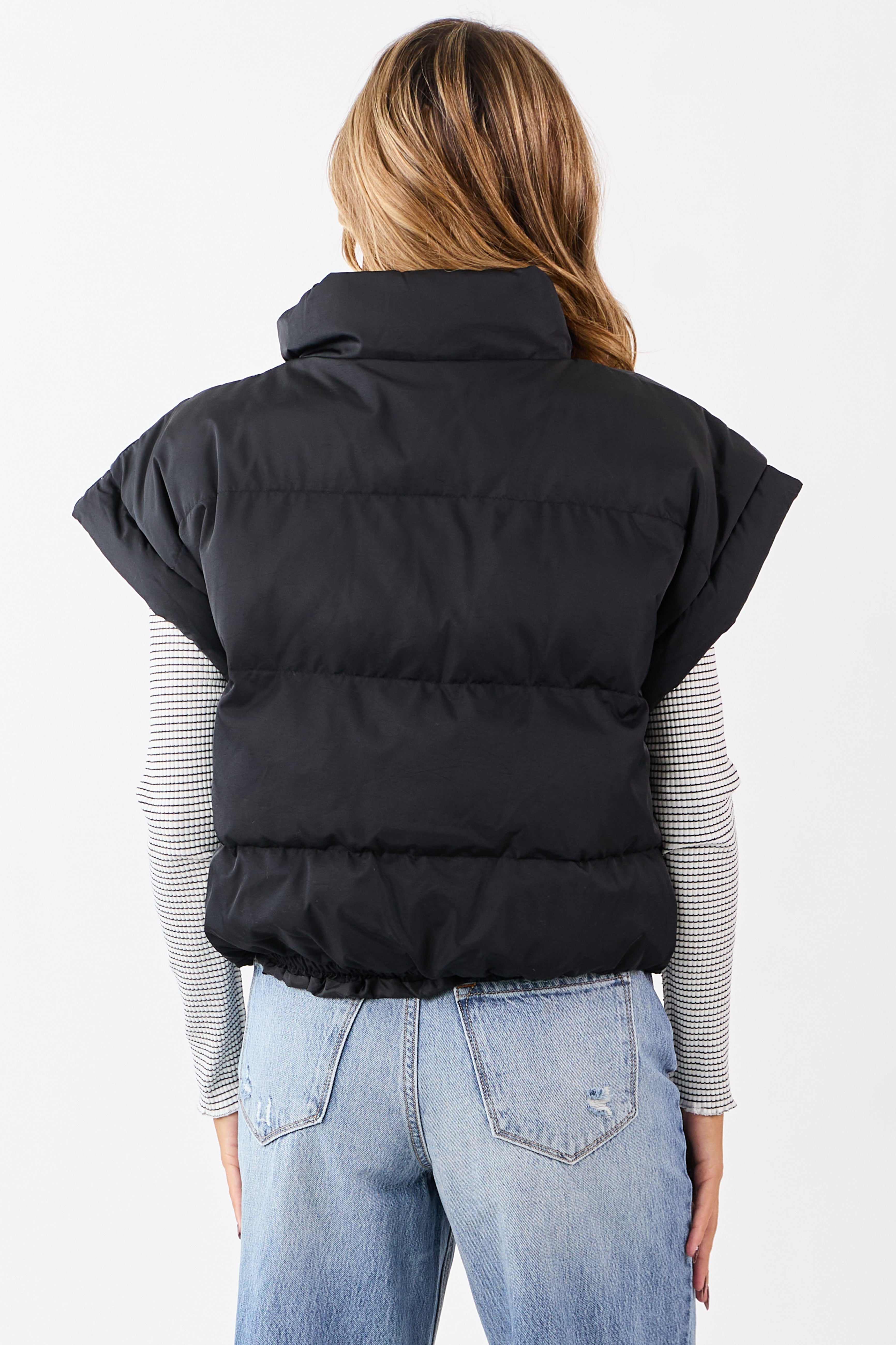 Black Mock Neck Zip Up Quilted Puffer Vest