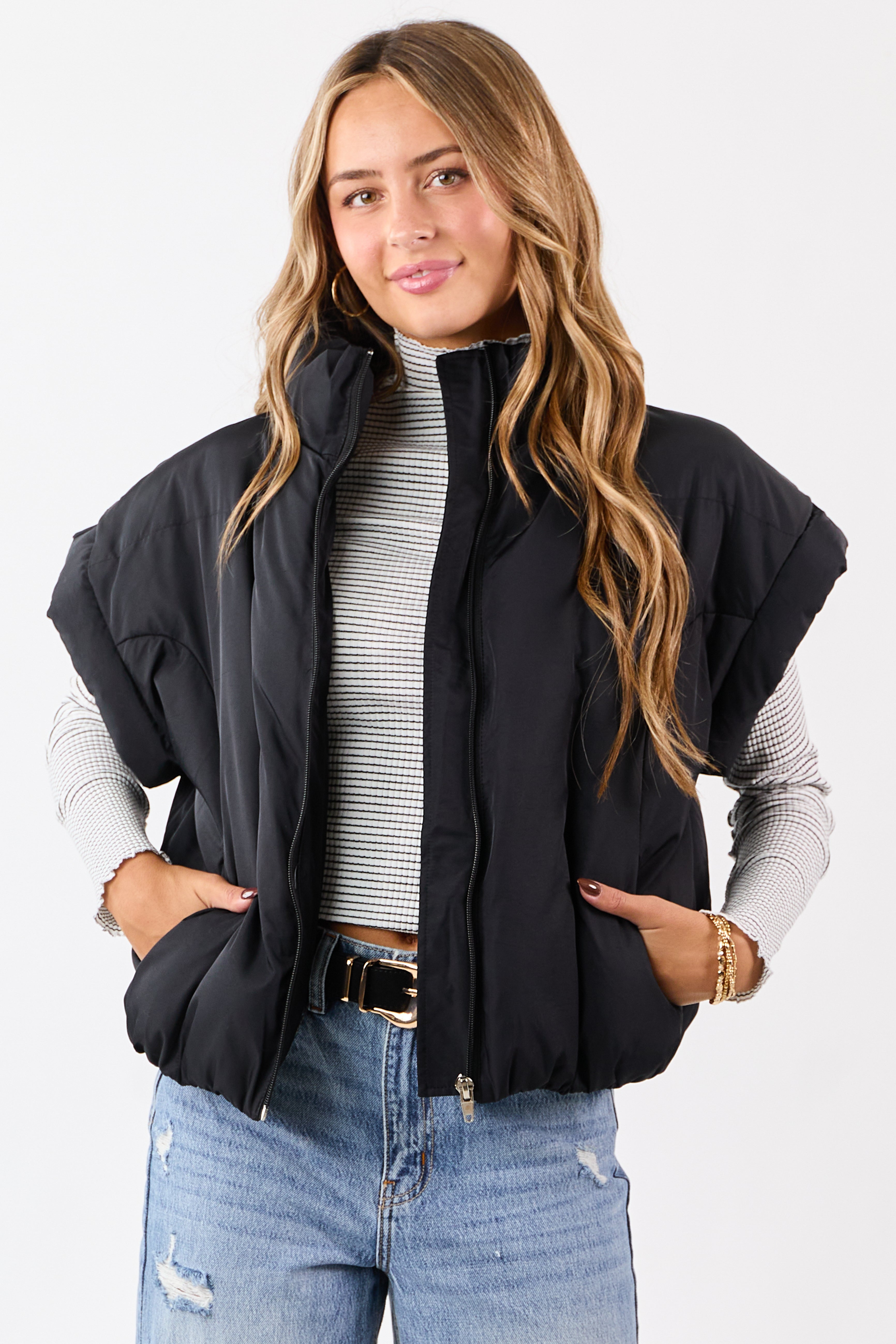 Black Mock Neck Zip Up Quilted Puffer Vest