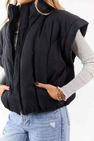 Black Mock Neck Zip Up Quilted Puffer Vest