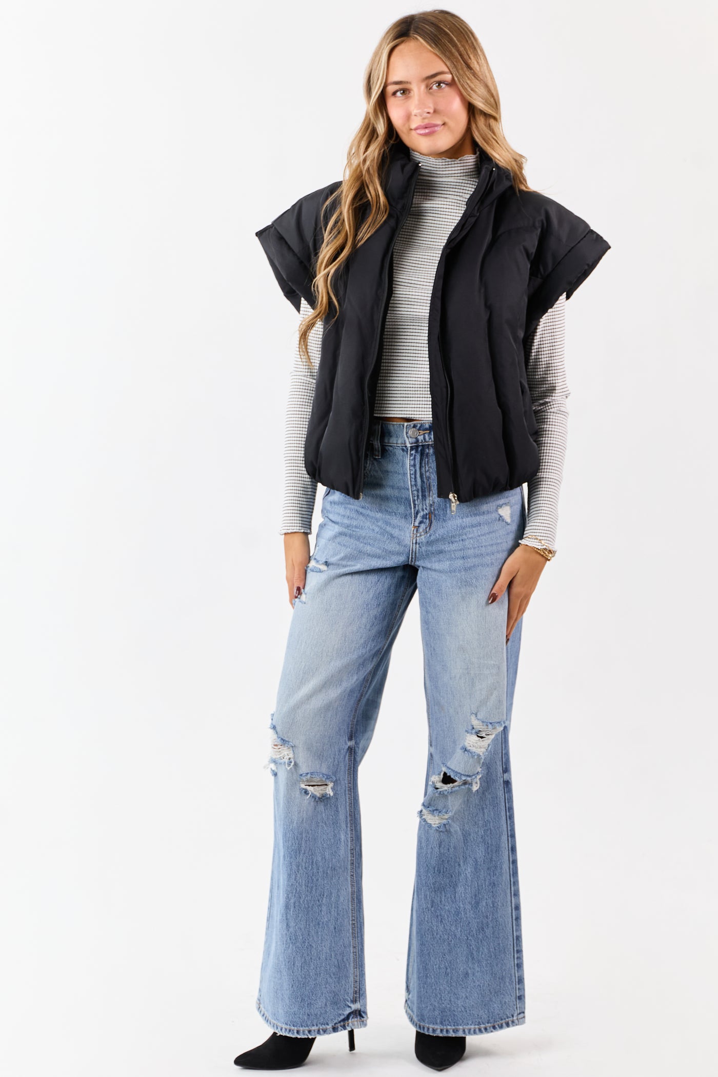 Black Mock Neck Zip Up Quilted Puffer Vest