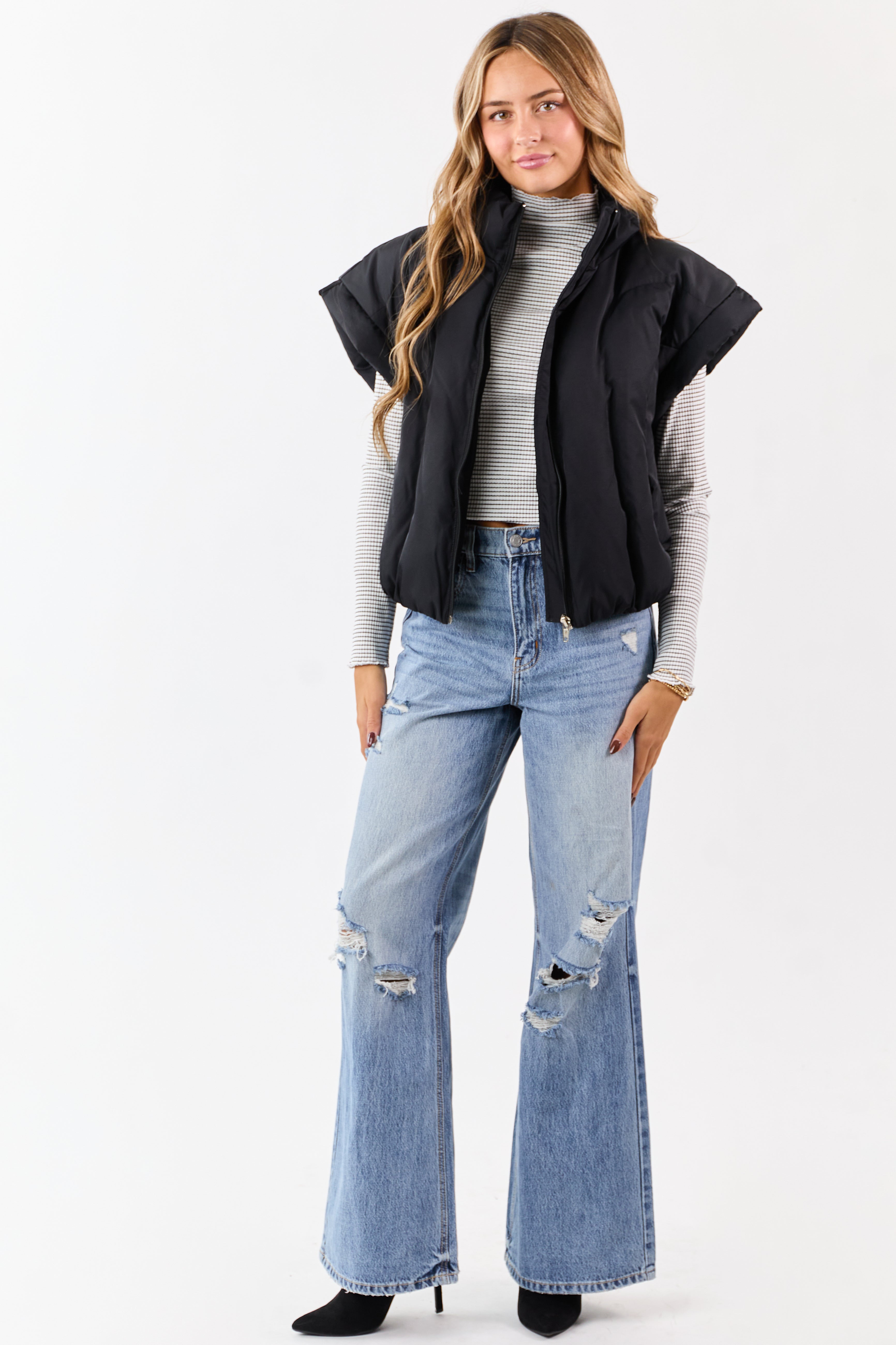 Black Mock Neck Zip Up Quilted Puffer Vest