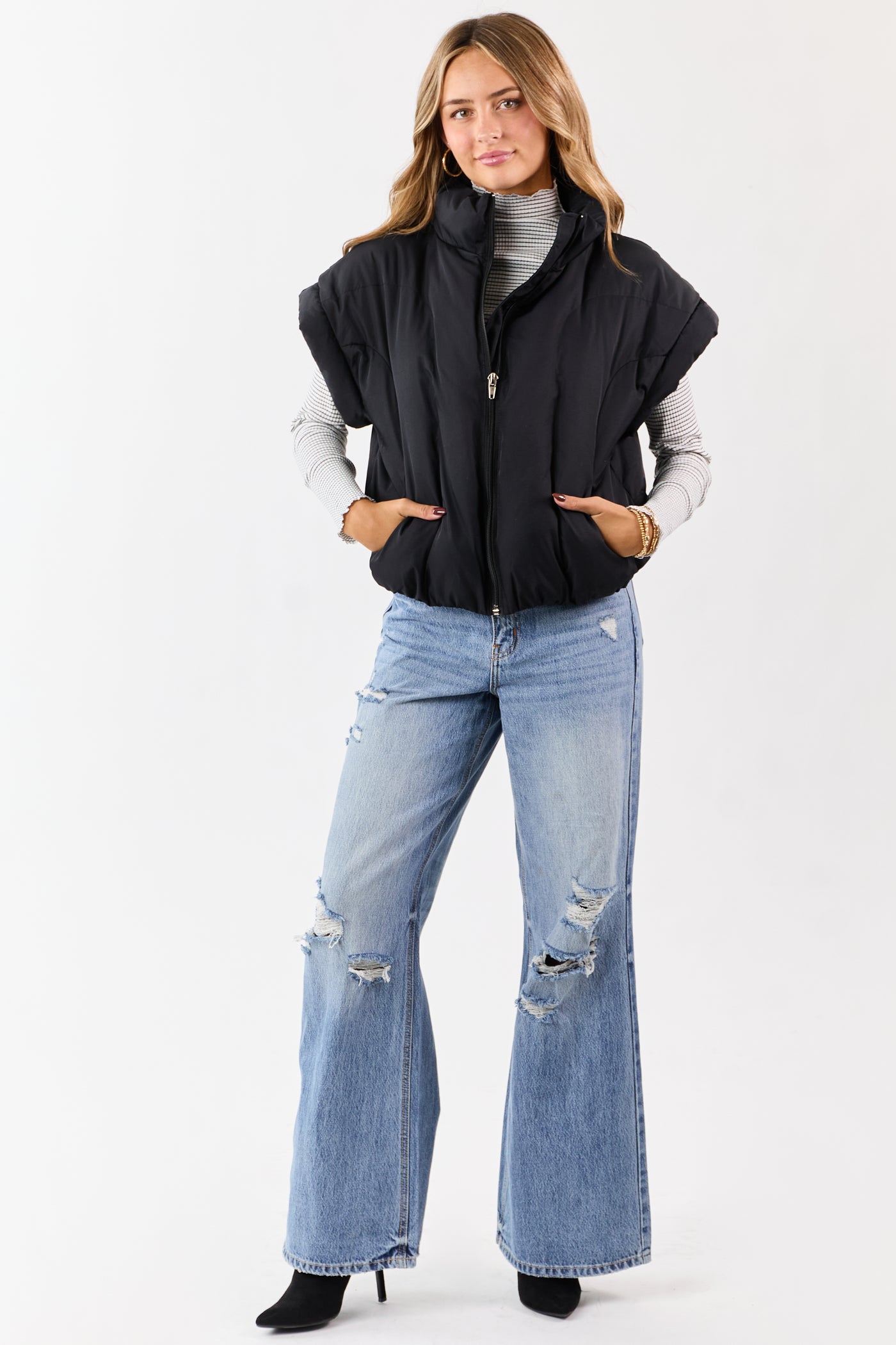 Black Mock Neck Zip Up Quilted Puffer Vest