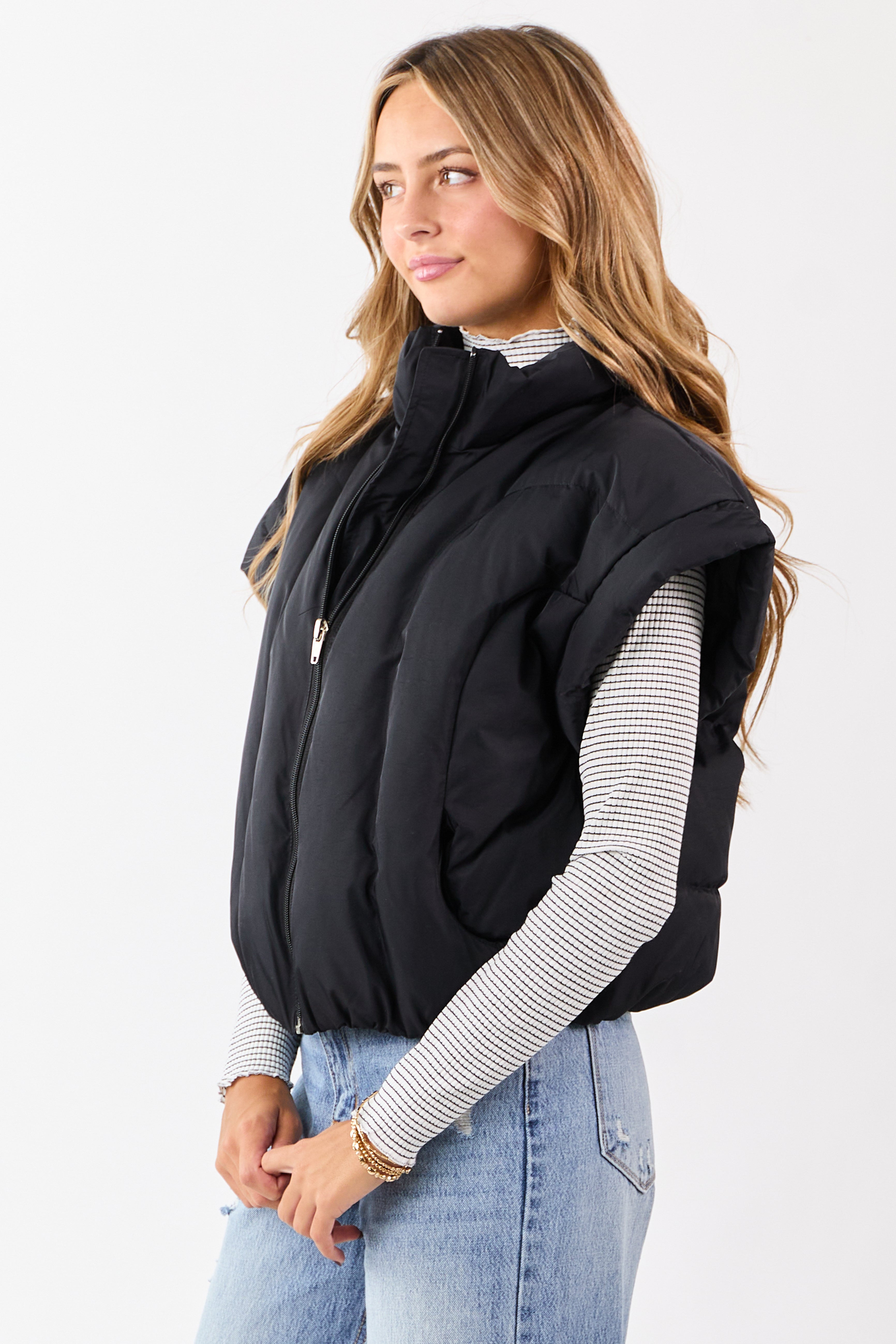 Black Mock Neck Zip Up Quilted Puffer Vest