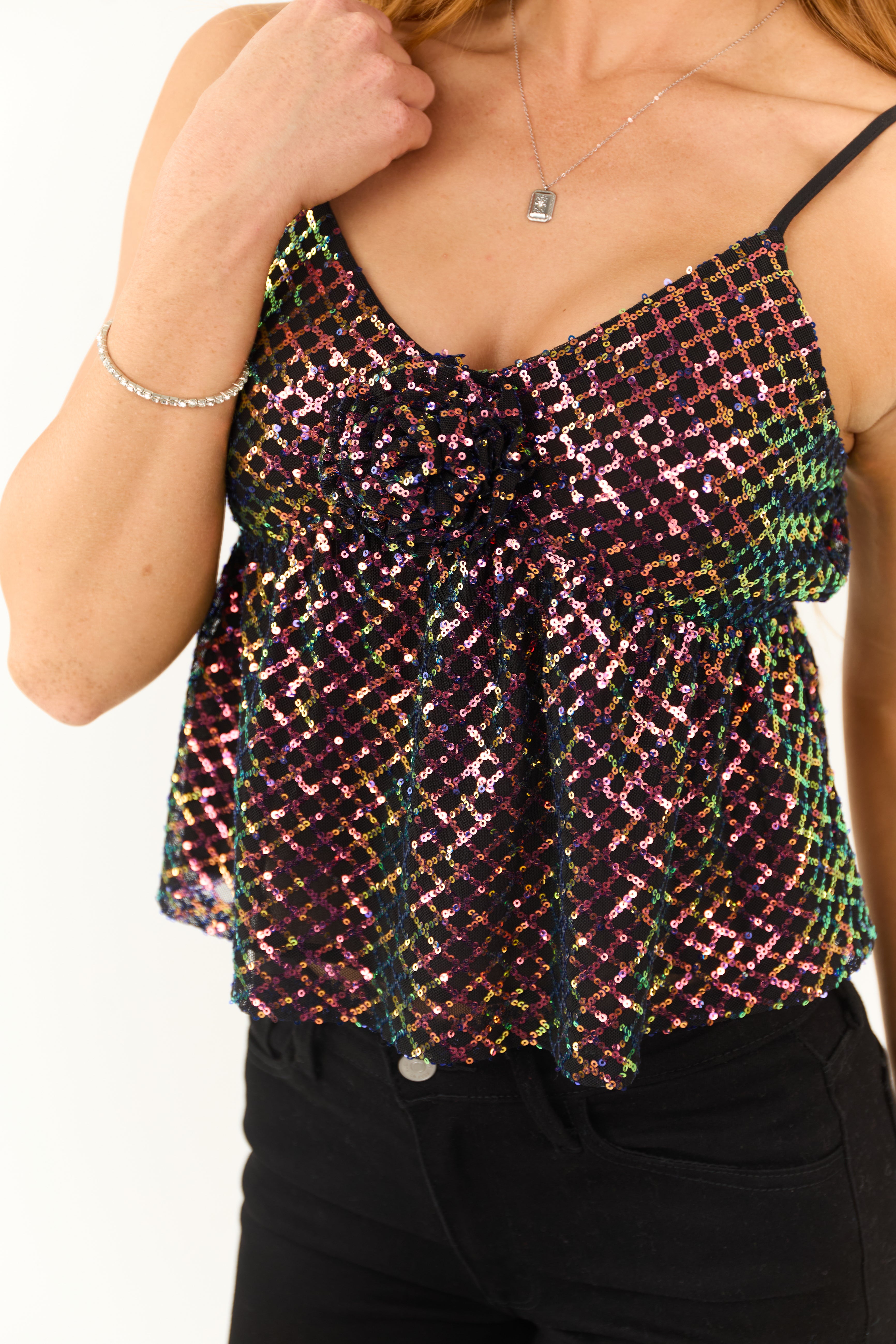 Black Multicolor Sequin Corsage Babydoll Tank Top