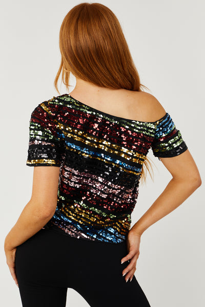 Black Multicolor Sequin Short Sleeve Top